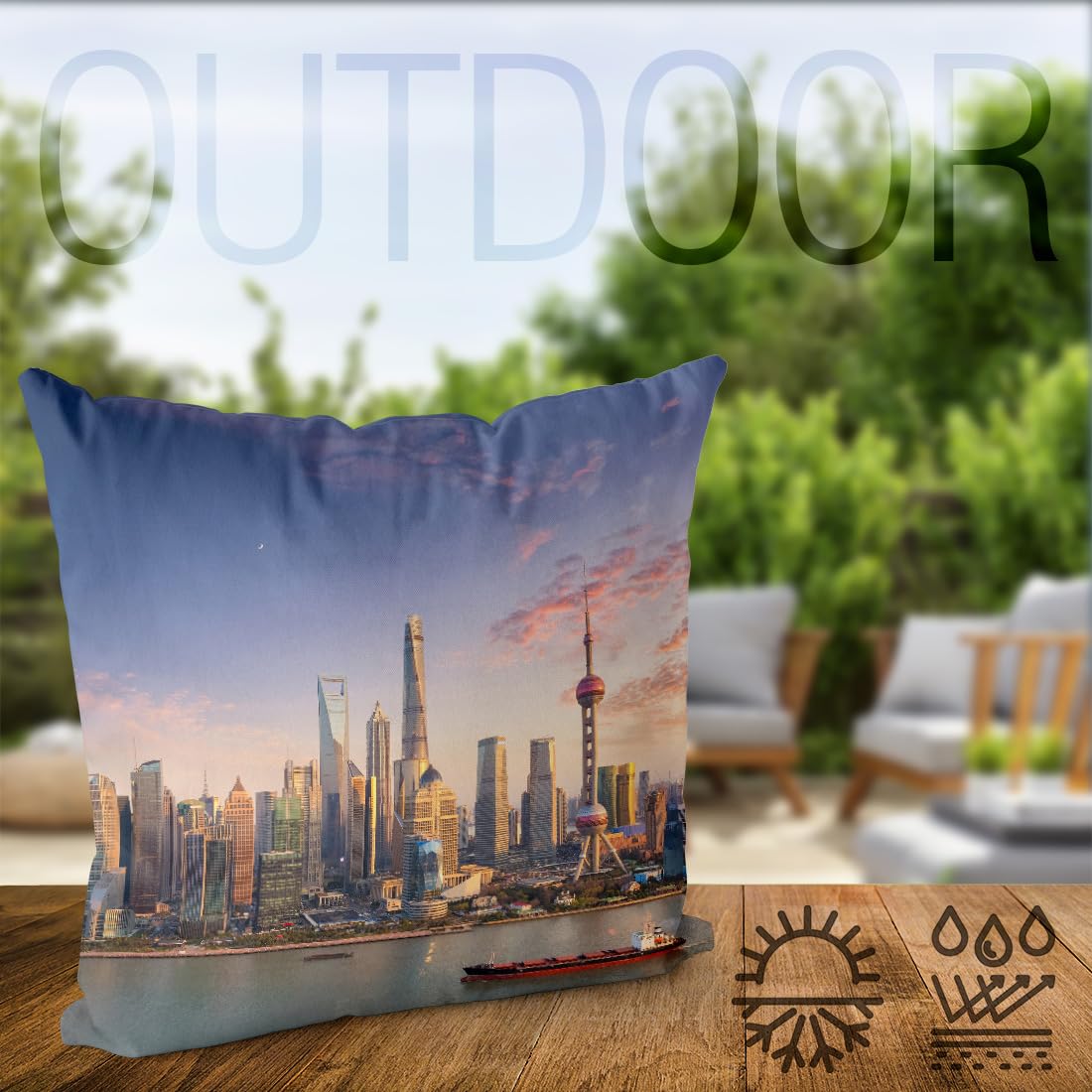 VOID Shanghai City Skyline China Kissenbezug Kissenhülle Polyester wasserfest Outdoor Indoor, Kissen Größe:60 x 60 cm