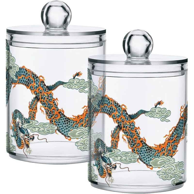 綿棒ケース 蓋付き 綿棒入れ 楊枝入れ コットンケース 小物入れ 小物収納 竜柄 龍 復古風 おしゃれ 人気 防塵 2個セット アクリル製 半透明 Kxhinafzko 卓上用品 Tdsc Sn