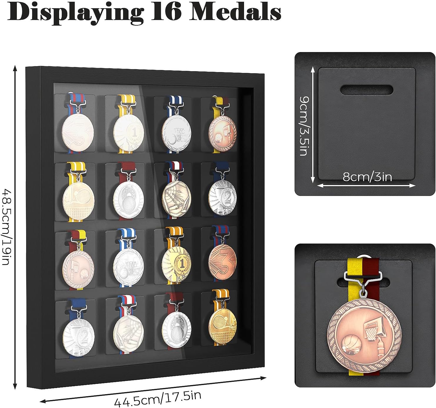 16 Medals 3D Large Medal Display Case, 19x17.5 Inch Medals Display Case Shadow Box Frame with 98% UV Protection Glass Cover for Runners Marathon Triathlon Soccer Gymnastics All Sports
