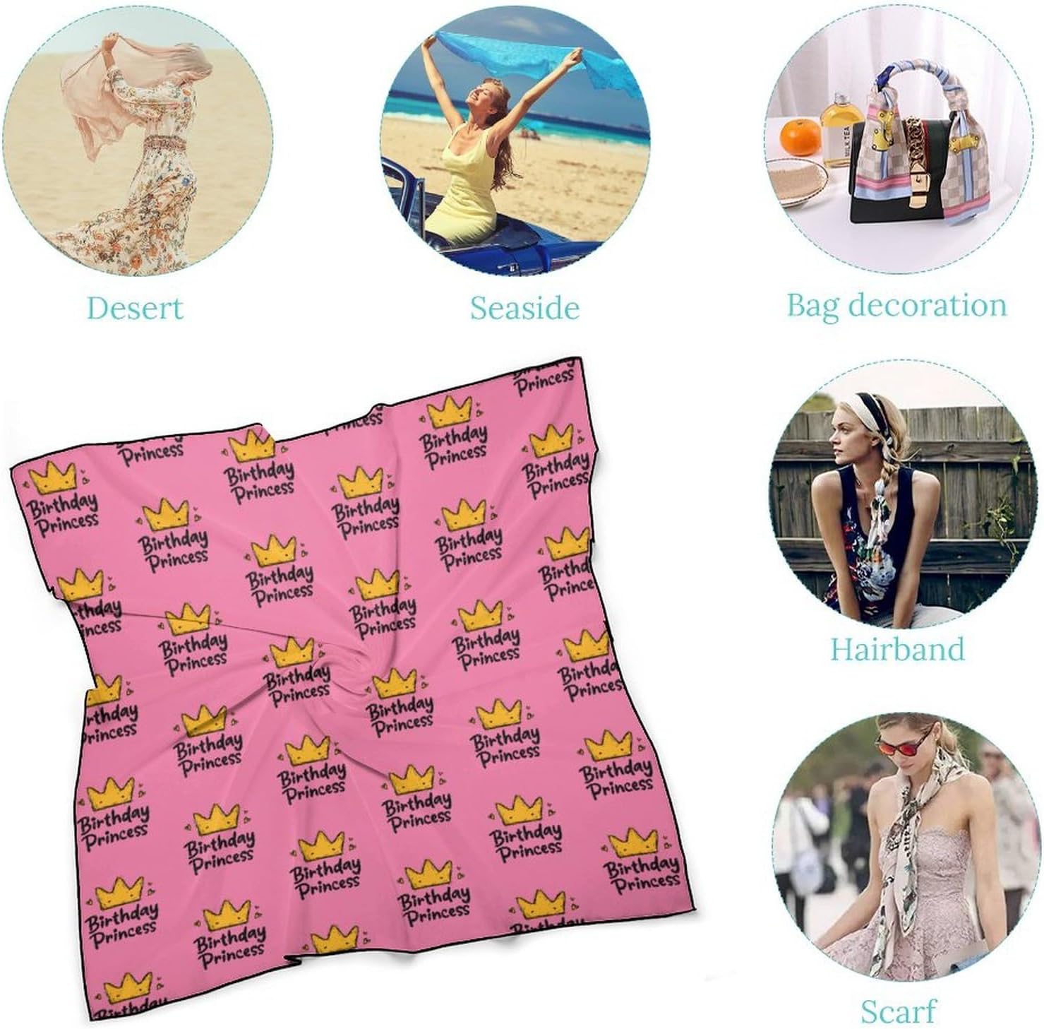 Birthday Princess Silk-Like Square Scarf for Women Vintage Printed Neck Scarf Bandanas Hair Scarves