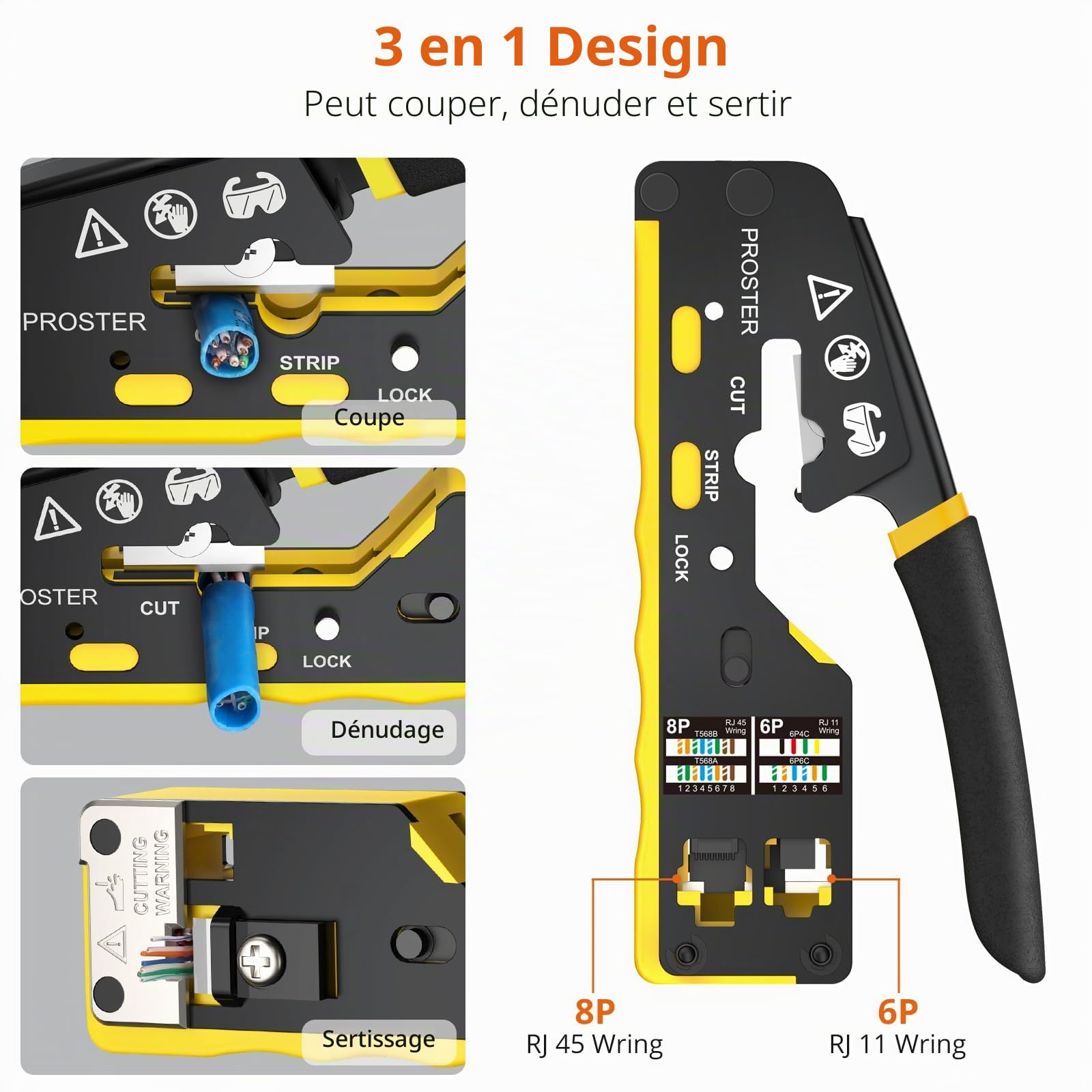 Proster Pince À Sertir RJ45 RJ11 Traversante Cat6 avec Testeur Câble Ethernet – Kit Pince Réseau Professionnel, Outil de Sertissage RJ45 Pass Through pour Installation Réseau et Téléphonique | Kit Pince Réseau Professionnel avec 50 Connecteur CAT6, pour I