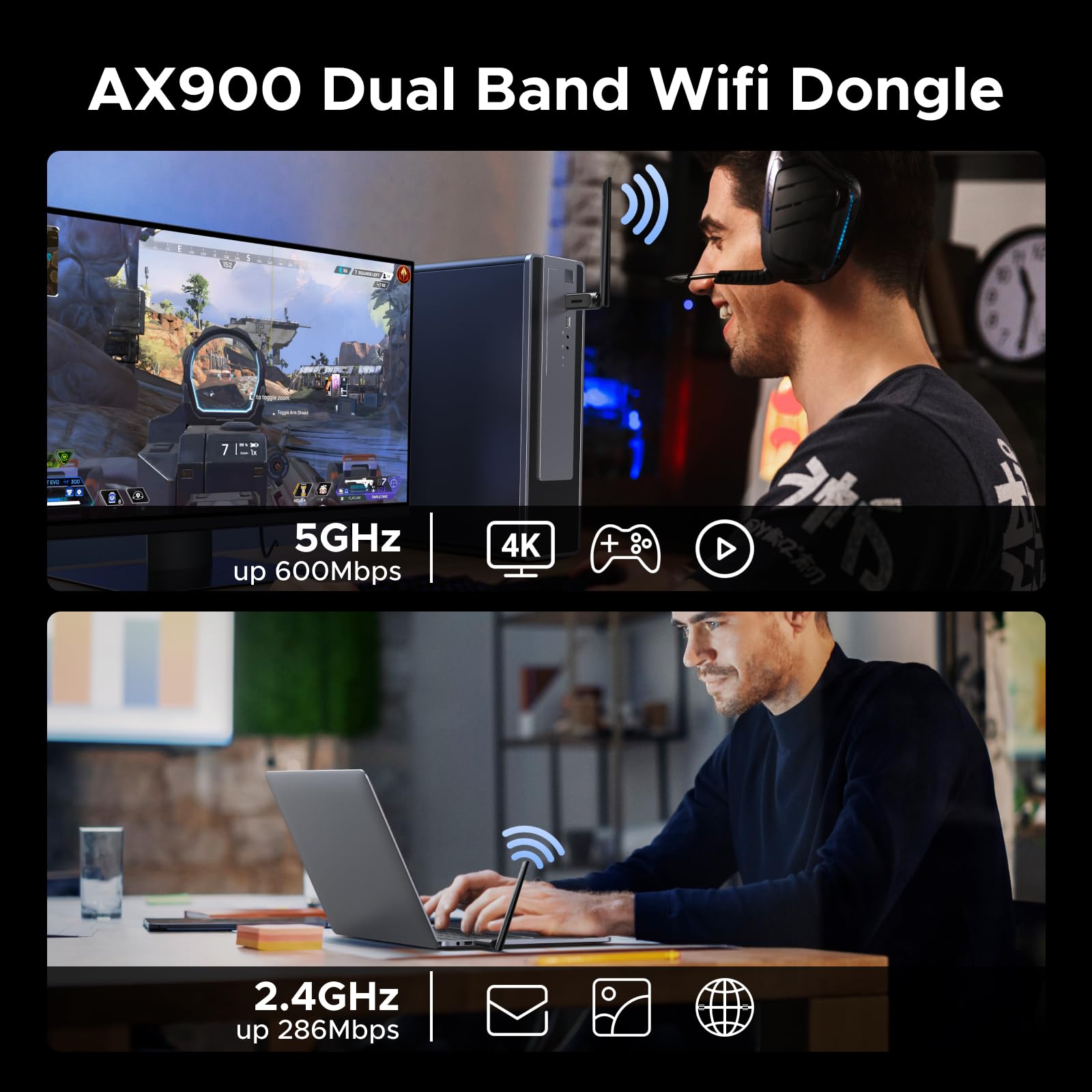 UGREEN Pamięć USB WiFi 6 AX900 Bluetooth 5.4 Antena USB WiFi Bluetooth | Dual Band 2.4G 5 GHz, wbudowany sterownik, antena 6dBi, MU-MIMO WPA2, adapter PC, kompatybilny z Windows 11 10