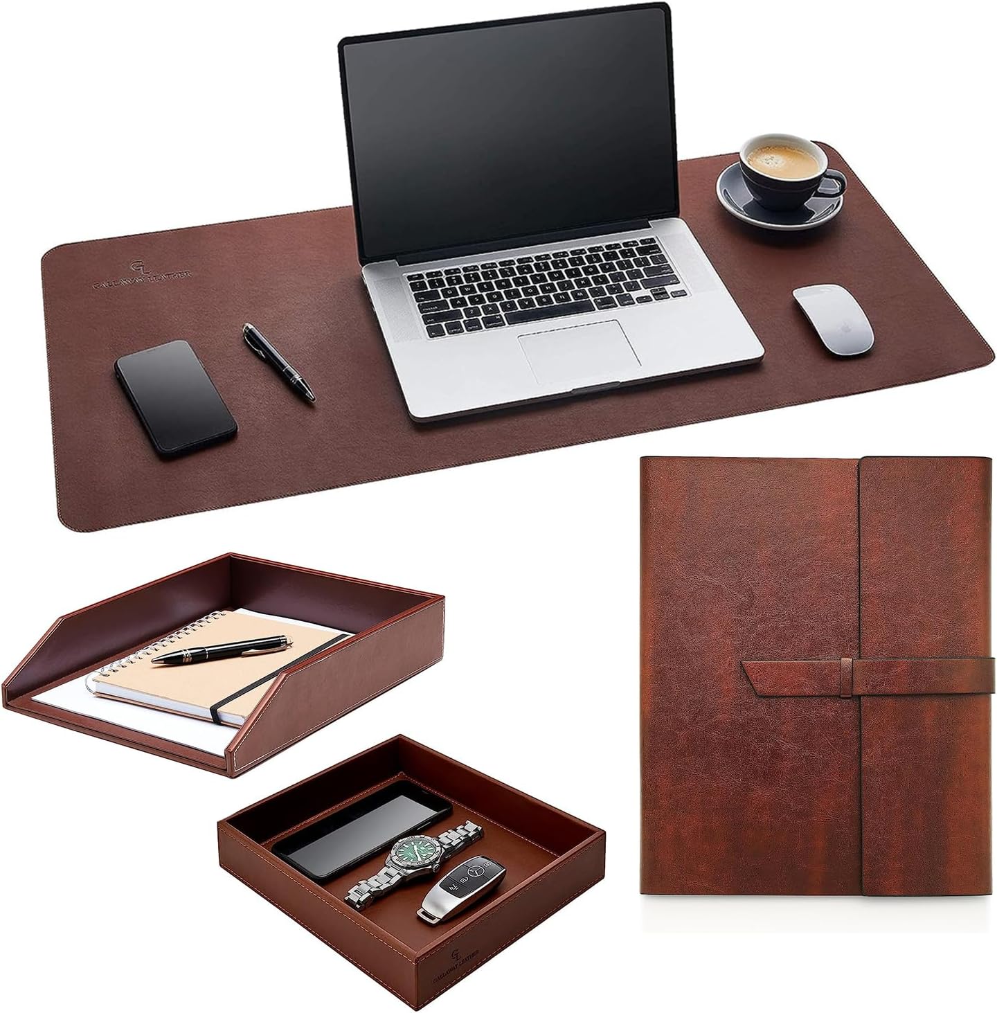 GALLAWAY LEATHER Desk Pad,Letter Tray,Padfolio, and Valet Tray Bundle - Brown