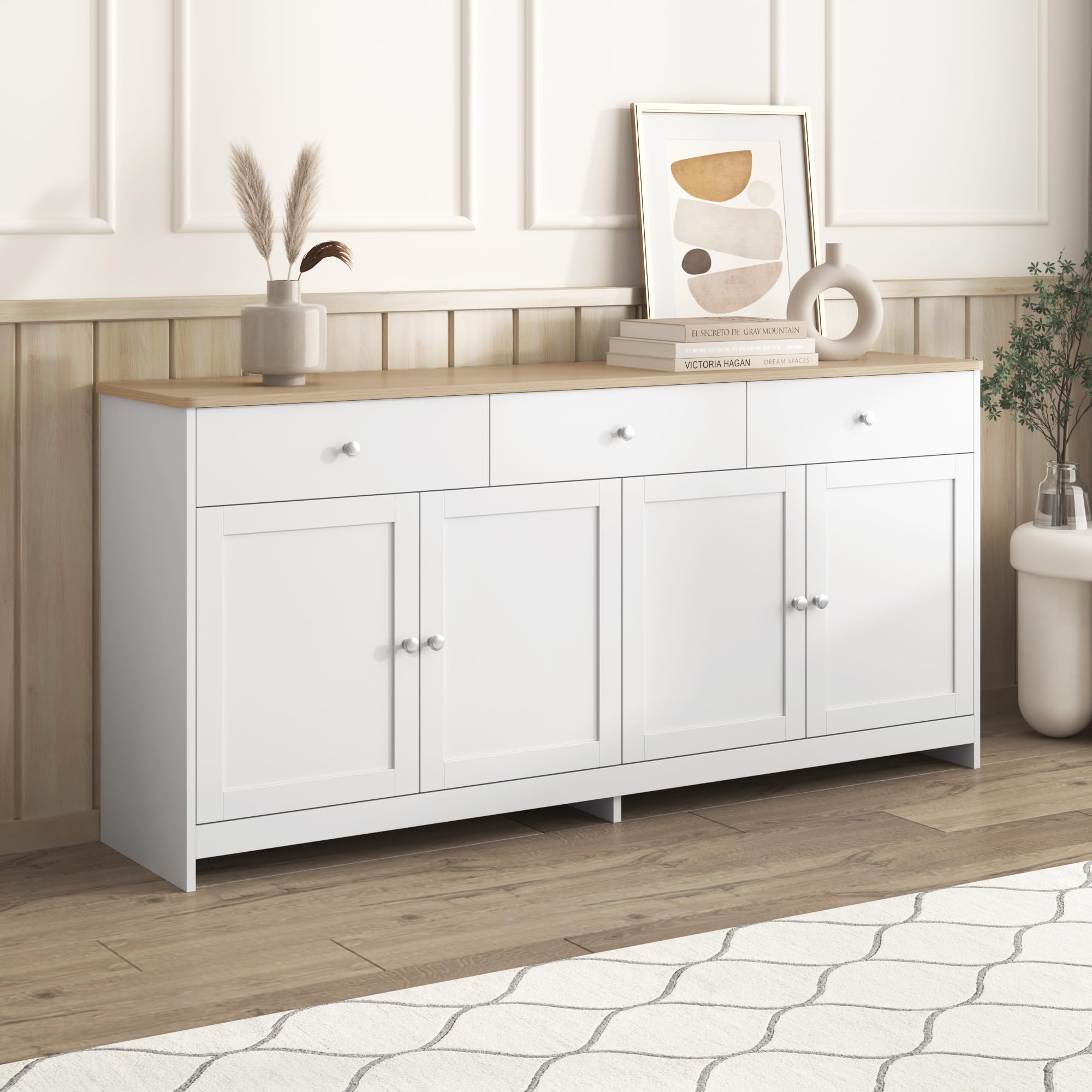 Ymkua Mobile Contenitore Credenza, Credenza Cucina Moderna, Commode per Soggiorno e Sala da Pranzo, Mobile Dispensa Cucina Buffet con 4 Ante e 3 Cassetti, Armadietto a Buffet, 160x37x75 cm Bianco