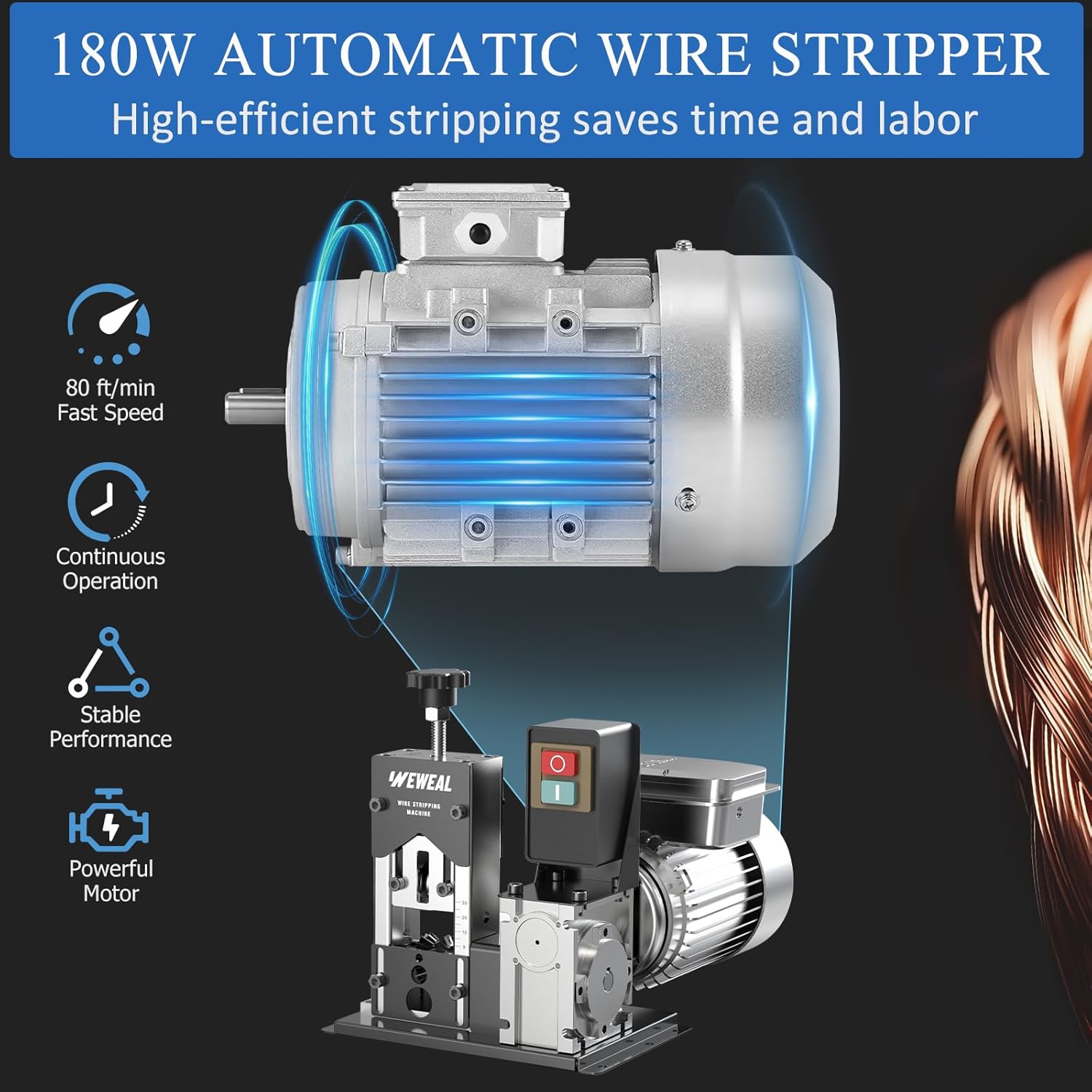 Wire Stripper Machine, 0.06''-1.18'' Electric Cable Stripper Machine with 180 W and 80 ft./min, All Aluminum Frame Copper Wire Strippers for Wire/Cable Recycling