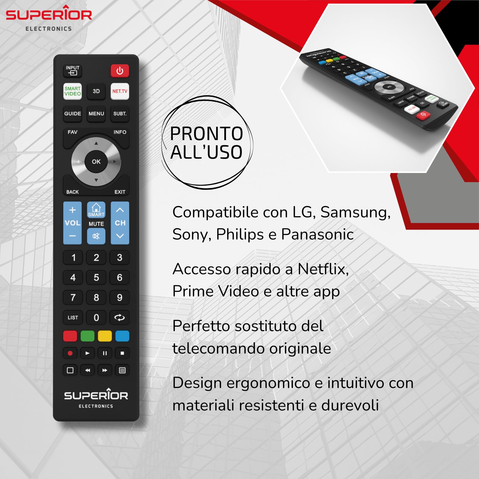 Superior Electronics Ready5 Smart (Samsung, LG, Philips, Sony, Panasonic) uniwersalny pilot zastępczy gotowy do użycia, czarny