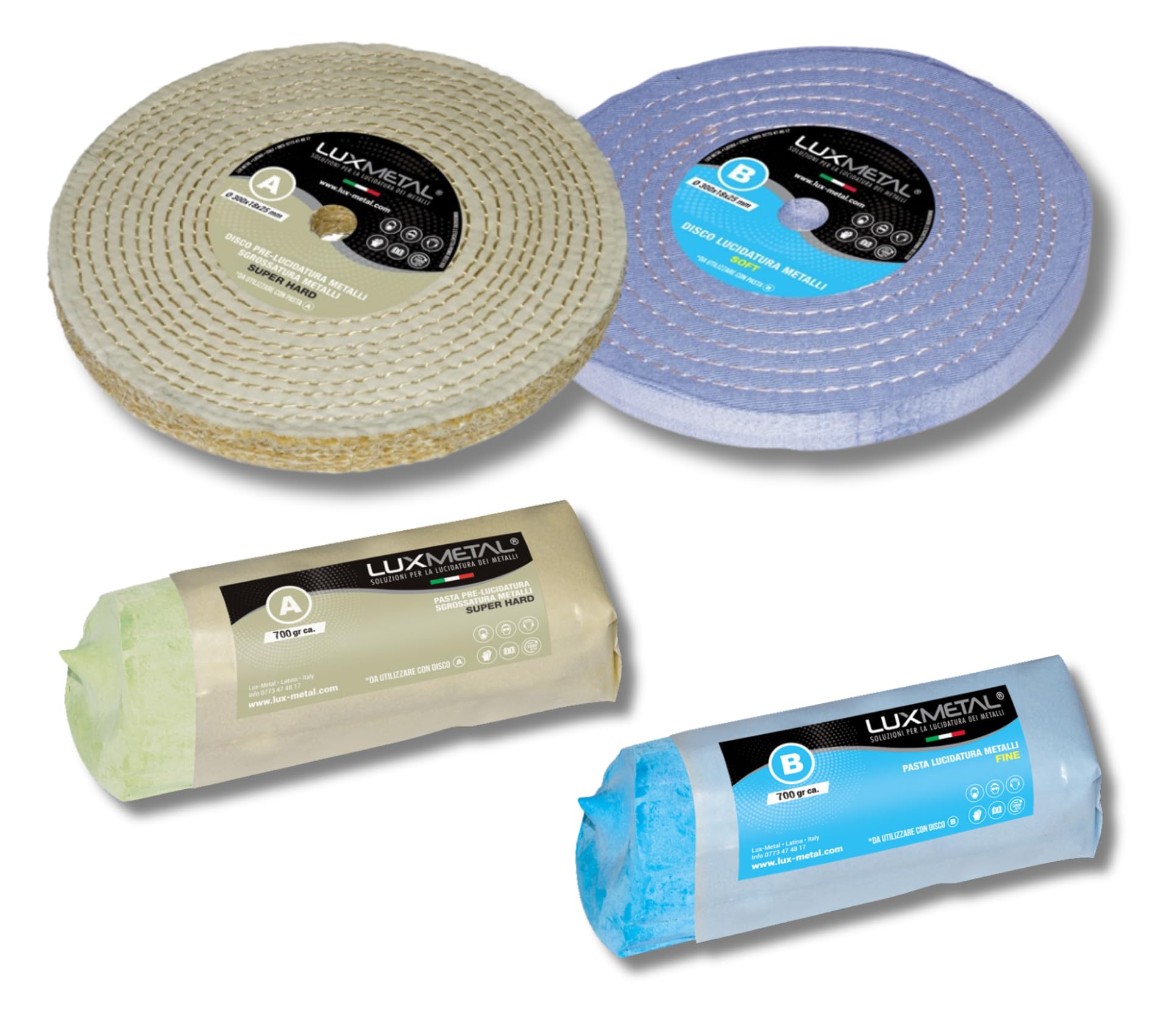 Lux Metal - Kit 2 Disco Lucidante 300 mm e 2 Pasta Abrasiva Lucidante 700 gr - Per Alluminio, Ferro, Acciaio Inox, Bronzo, Marmo - Ruota Lucidatura Metalli Mola Smerigliatrice Feltro