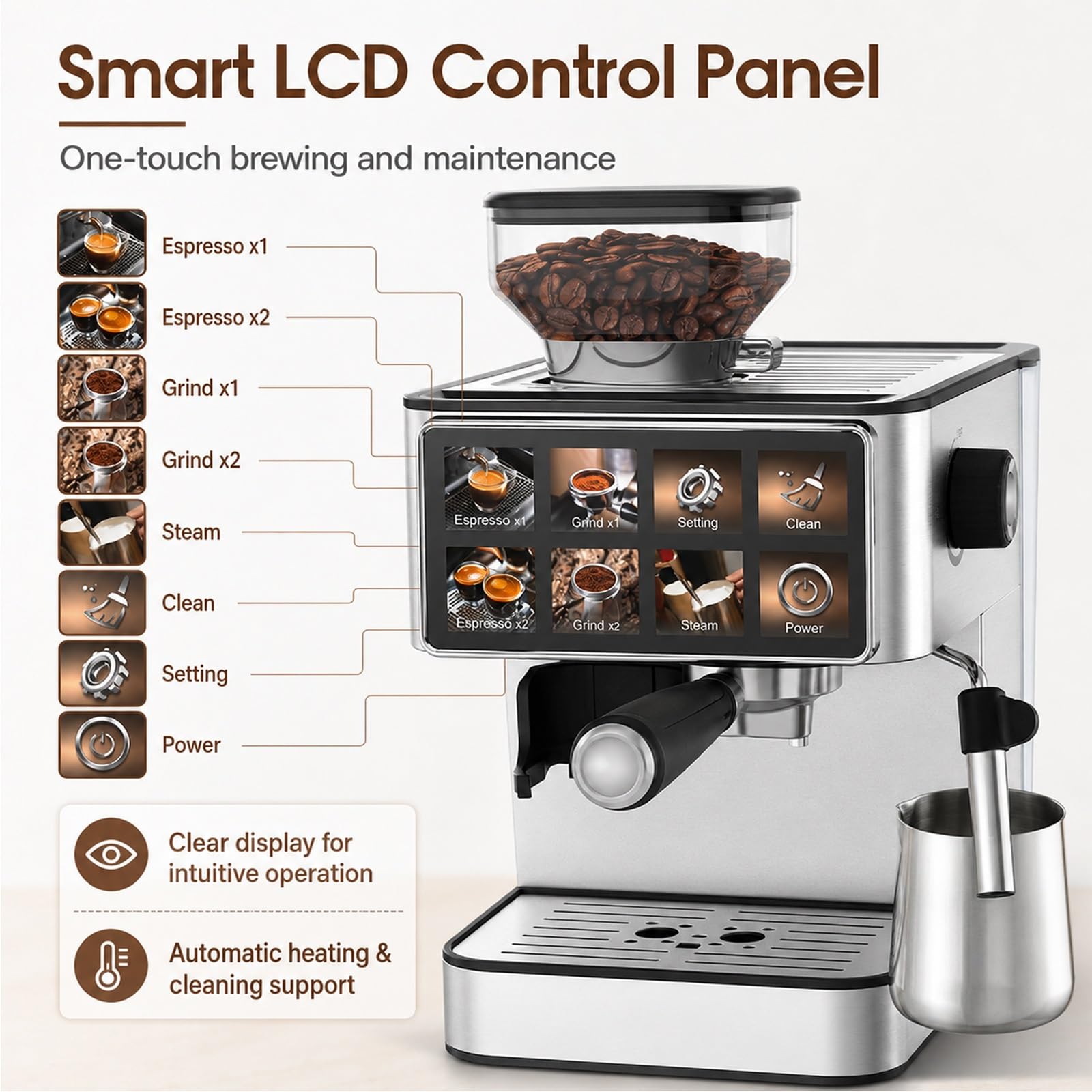Cafetera Espresso Con Molinillo De 20 Bares, Cafetera Automática Con Molinillo Cónico Y Vaporizador Para Espumar Leche, Ideal Para Espresso, Capuchino, Latte Helado, Cold Brew Y Americano
