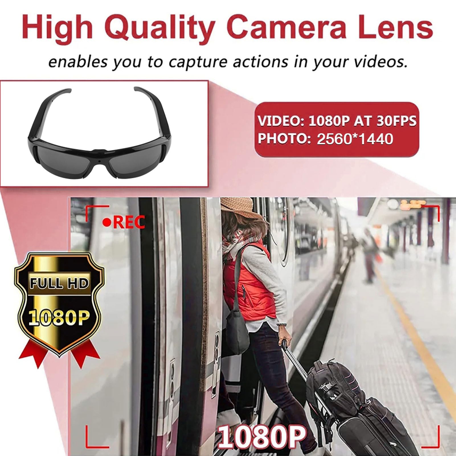 Fockety Occhiali da Sole da Sole a 1080p, Occhiali da Fotocamera Sportiva Angolare Angolare Anti -scruta