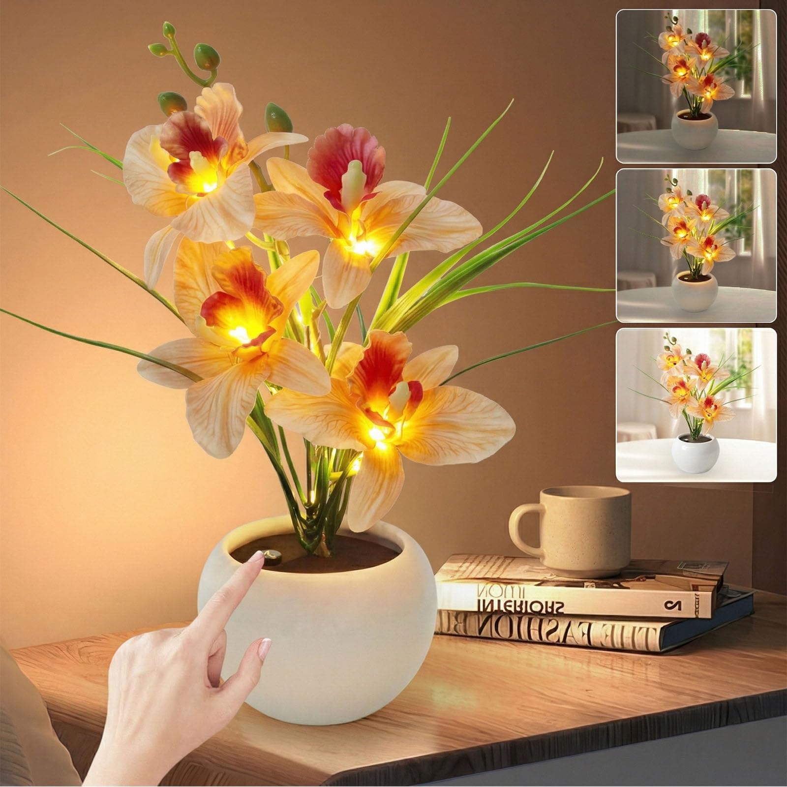 Artificial Flower Night Light, Touch Stepless Dimming USB Rechargeable Orchid Flower with Vase Lamp, LED Table Lamp Decorative Landscape Lights for Festival Party Home Decor (Champagne)