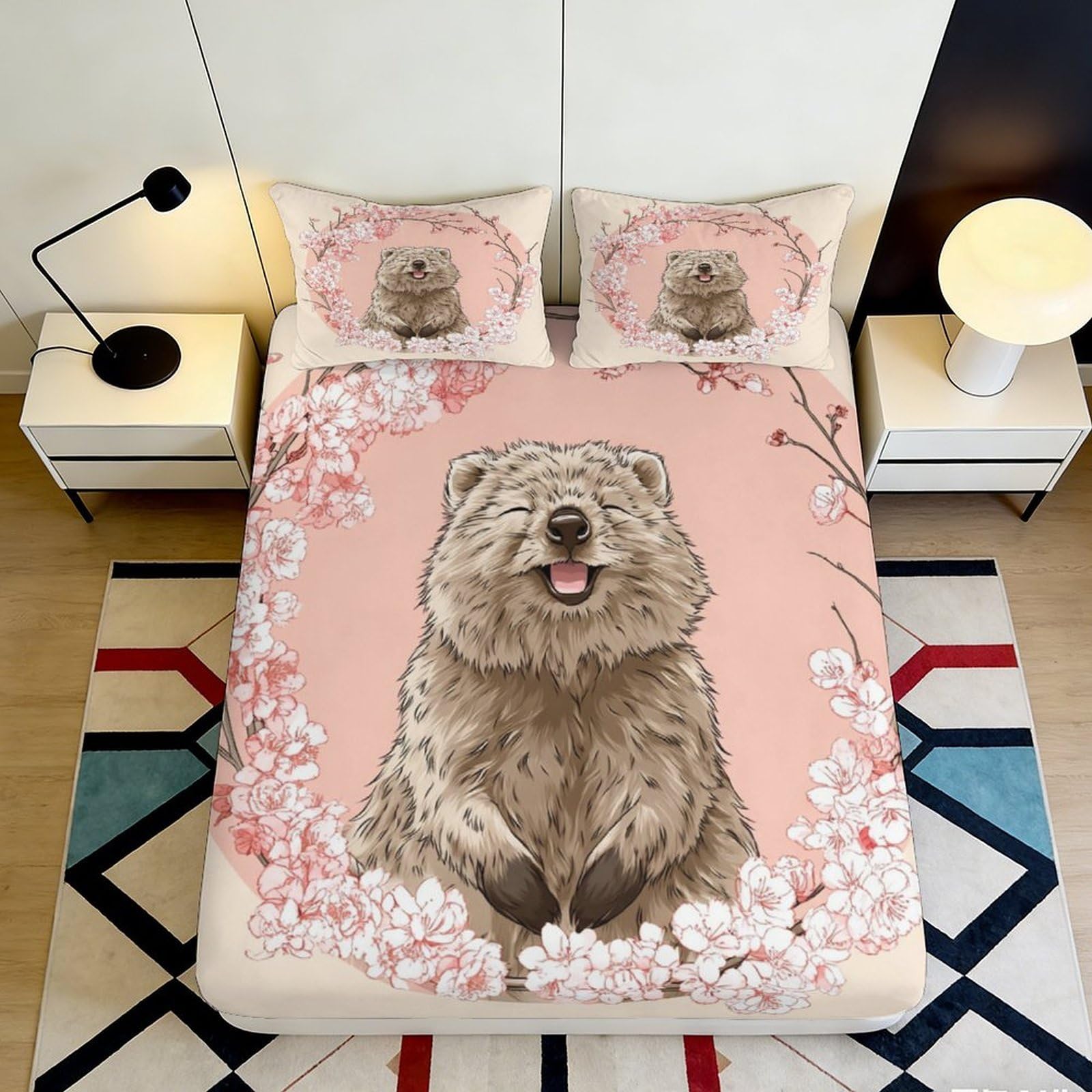 Jqzkxnhpbr Style-7 3D Printed Smiling Bear Fitted Sheet Microfiber Pink Blossom Bed Cover Anti-Slip Machine Washable For Bedroom Decor 90X200x25cm