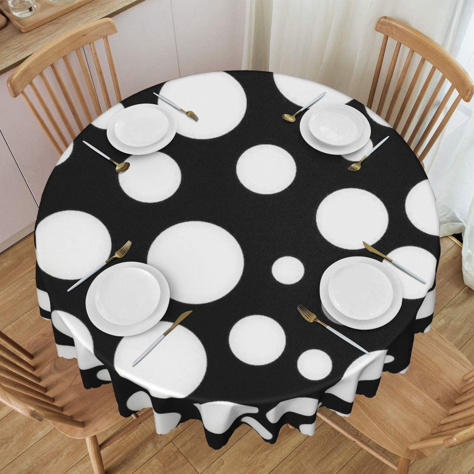 DCEHGEW 60 In Round Tablecloth with Lace, Black White Polka Dot Printed Oilproof & Washable Fabric Picnic Table Cloth Table Covers