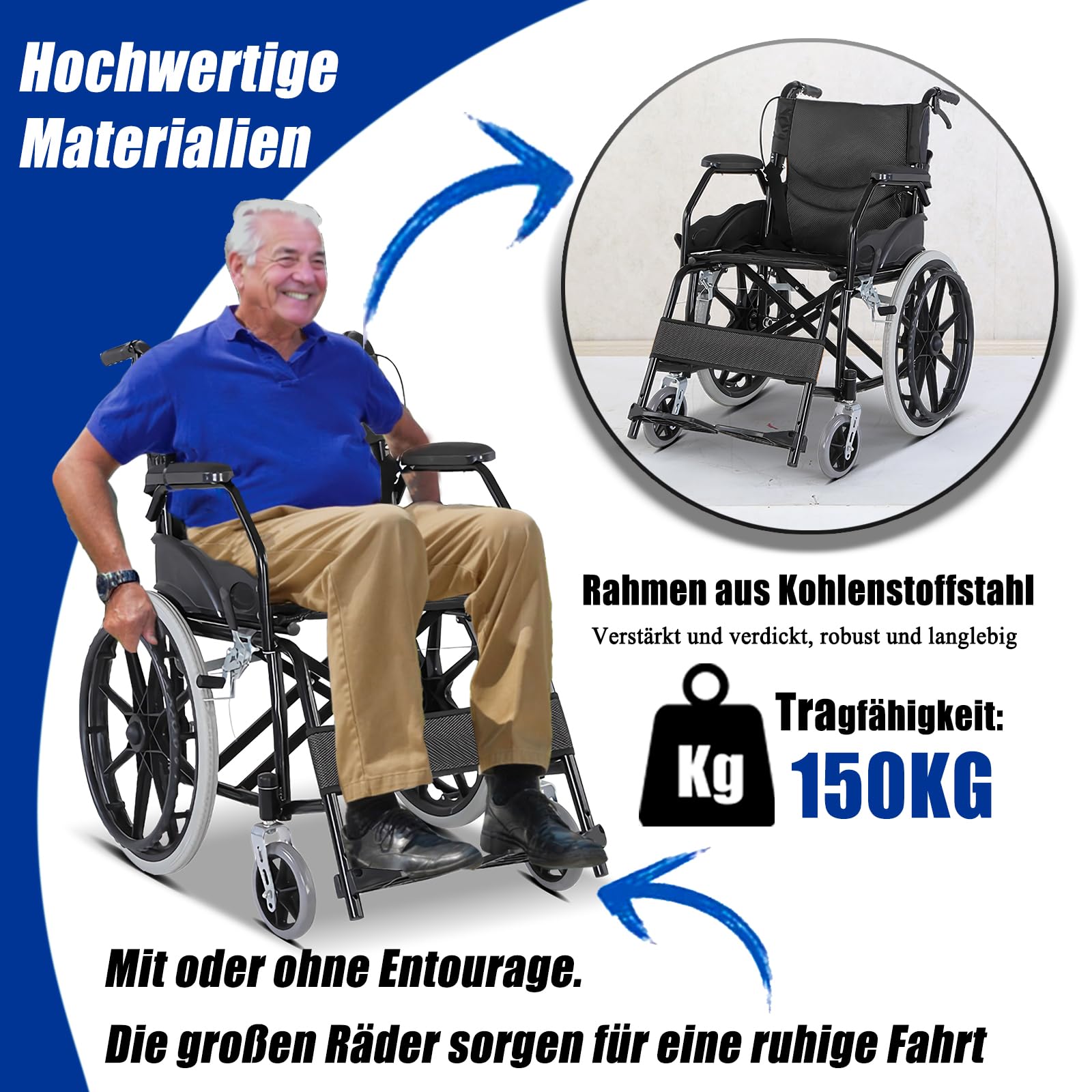 Rollstuhl faltbar leicht, Belastbarkeit 150 kg, Leicht Faltbar Rollstuhl mit Trommelbremse, Leichtgewicht Schmal Rollstühle mit Selbstantrieb, Reiserollstuhl, Sitzbreite 44.5 cm,Schwarz