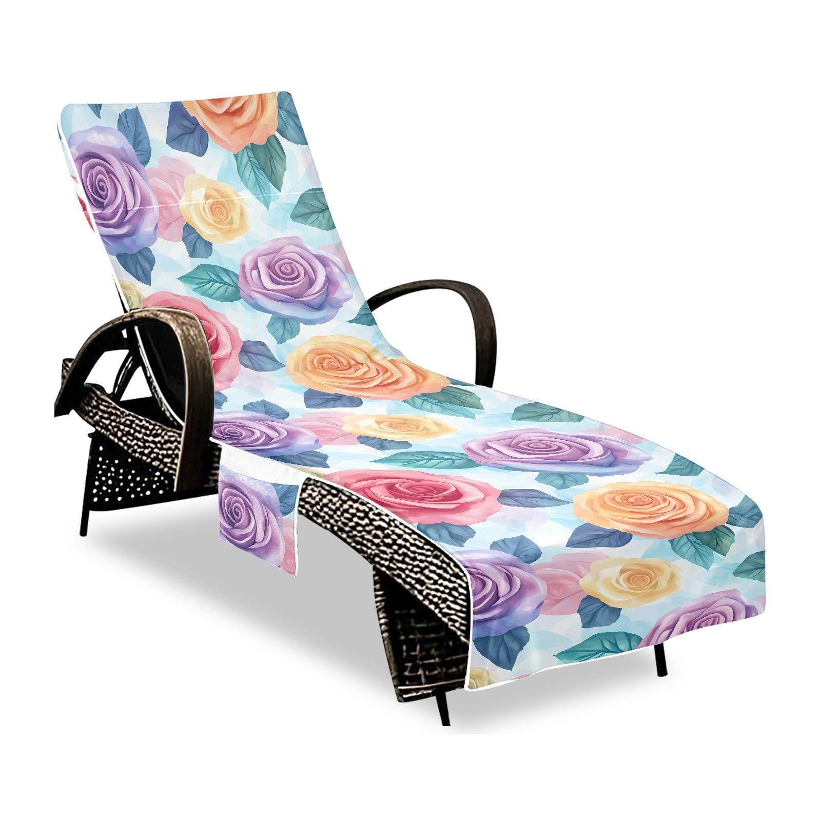 BOESI Watercolor Color Roses Beach Chair Towel, Outdoor Pool Chair Cover, with Pockets, Suitable for Outdoor Beach Garden Sunbathing, 85'' x 30''