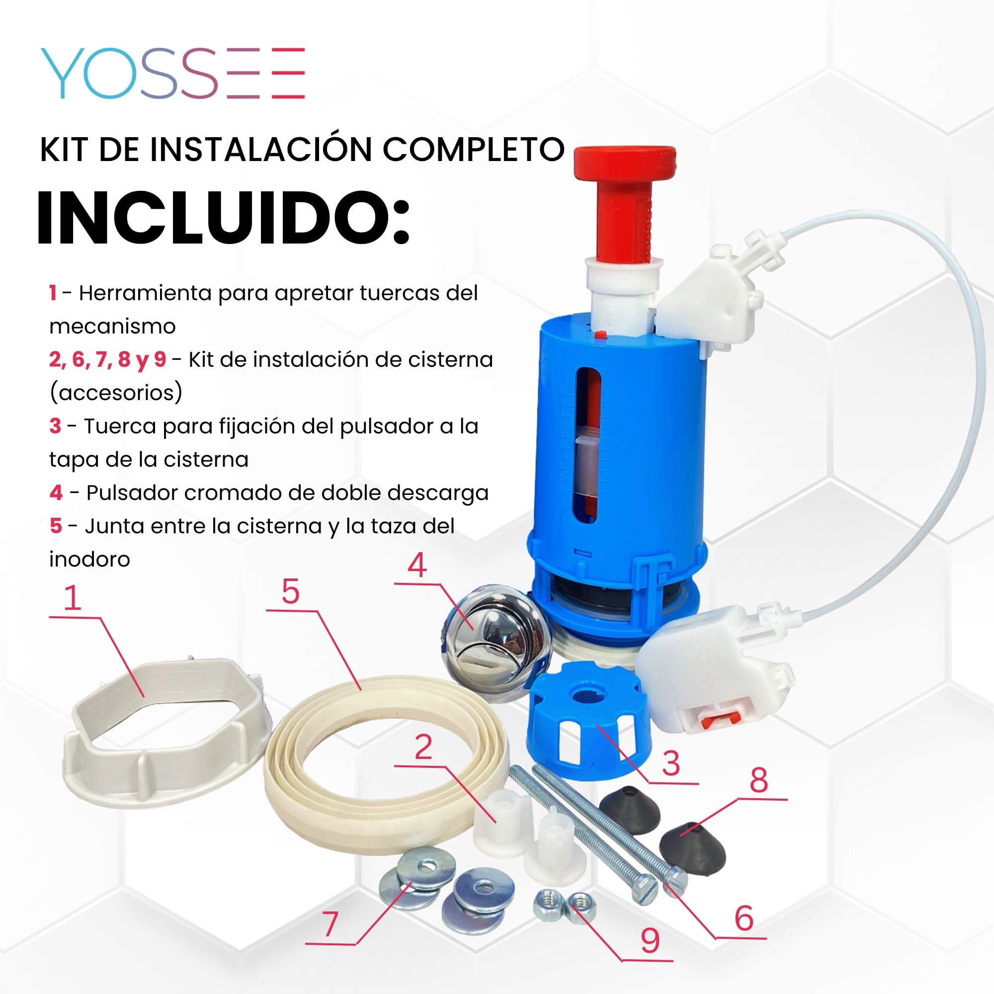 YOSSEE Descargador Cisterna Universal, Mecanismo de Descarga Cisterna WC | Doble Descarga 3/6 L, con Cable y Doble Pulsador Cromados