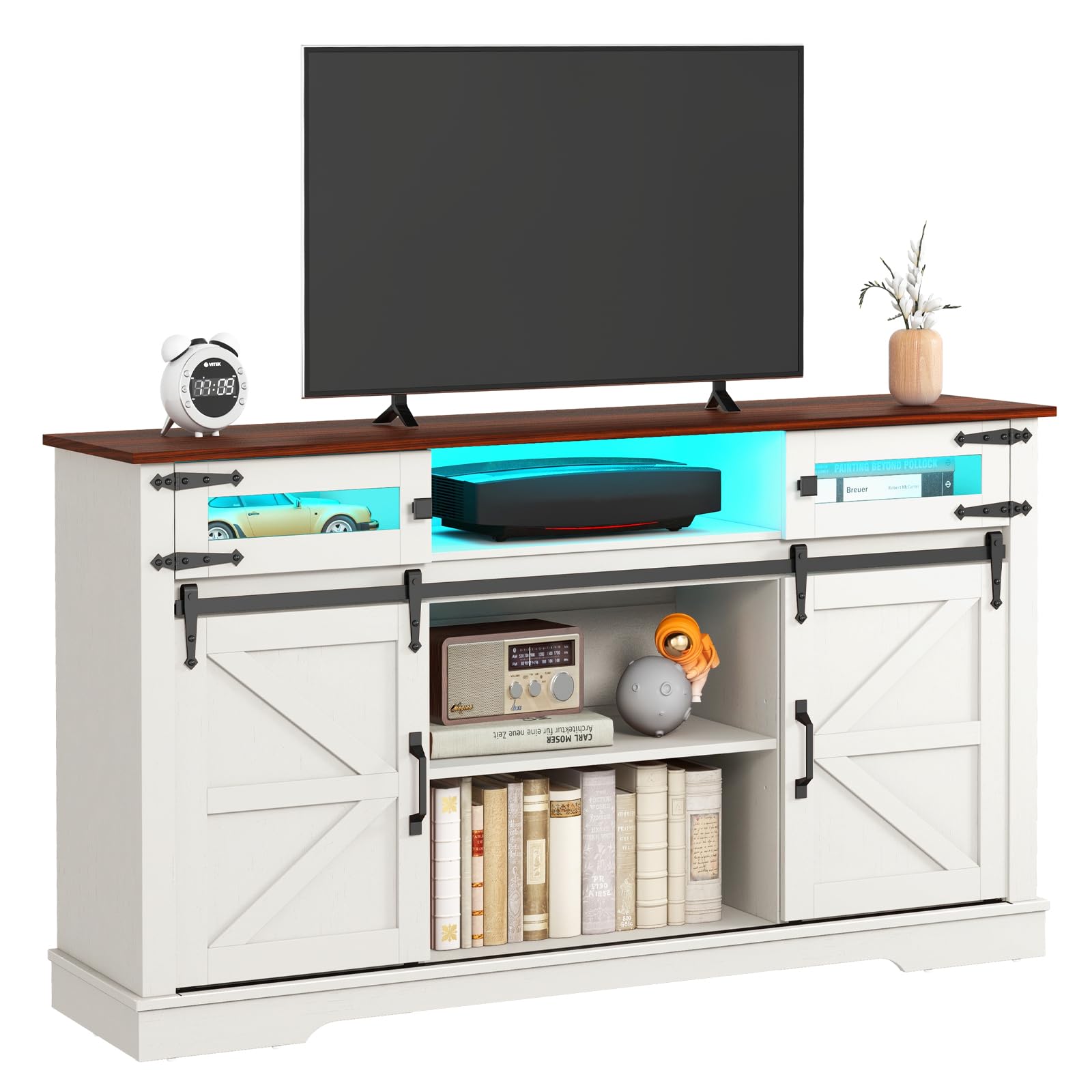 Livofloral Farmhouse TV Stand for 65+ Inch TV, 33" Tall Entertainment Center with LED Lights and Sliding Barn Doors, Media Console Cabinet with