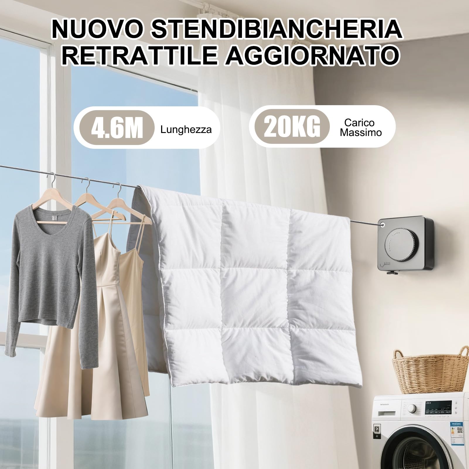 LIVEHITOP Stendibiancheria Retrattile, Corda Stendino da Parete Anti-Cedimento Acciaio Inossidabile Filo per Bucato 4.6M Regolabile Interni Esterno (Grigio)