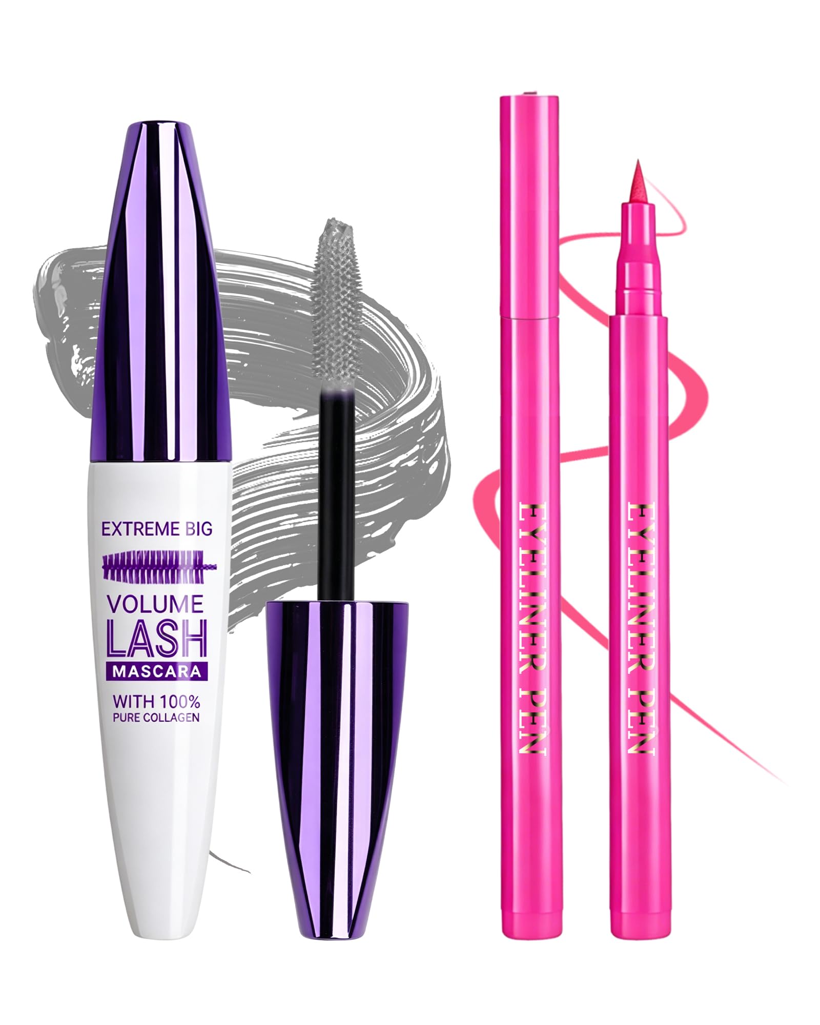 Waterproof Mascara Eyeliner, 5D Pink Tubing Mascara & Gray Eye Liner Set