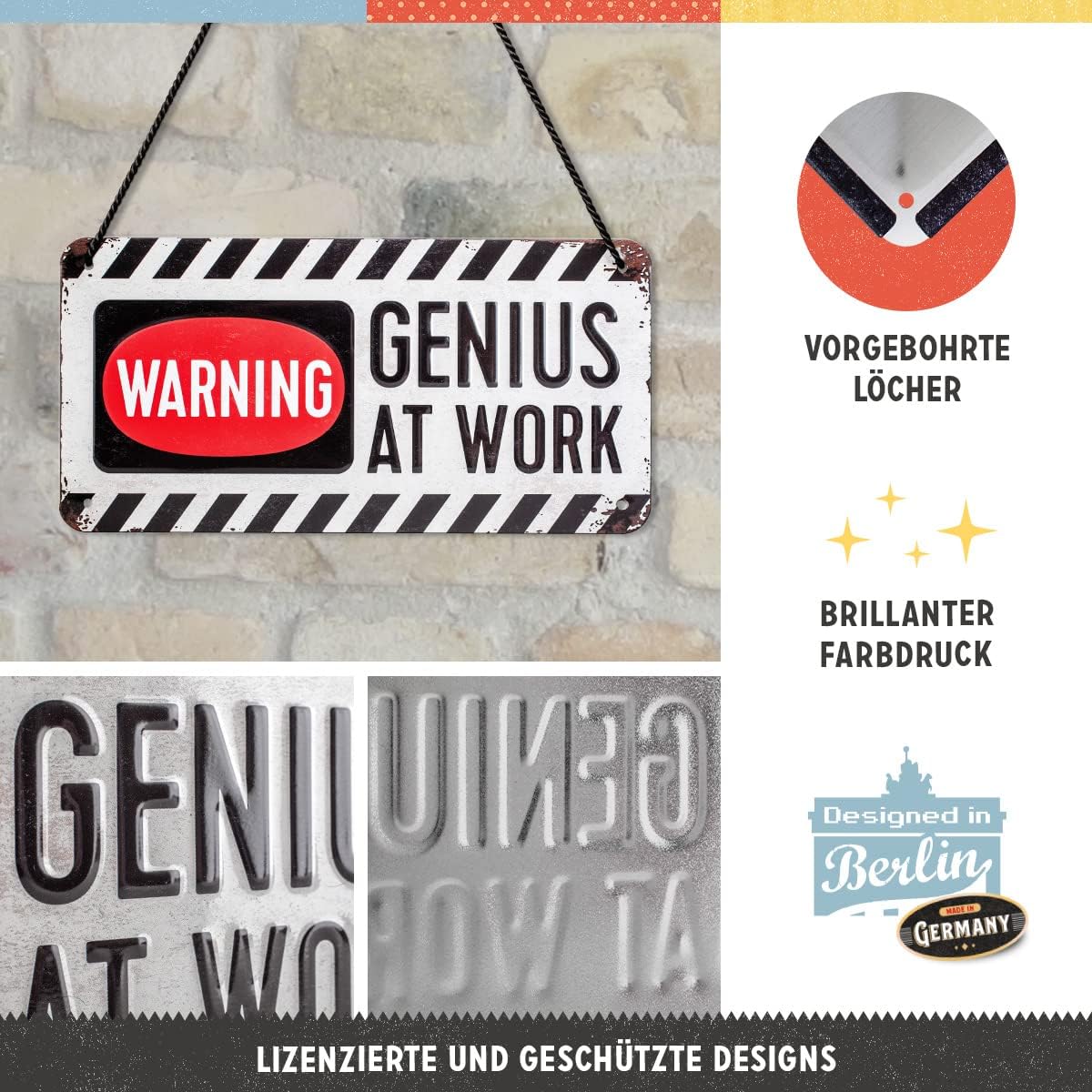 Nostalgic-Art Retro Hanging Sign Genius at Work – Gift Idea for Geniuses, Metal Plaque, Vintage design for decoration, 10 x 20 cm, 28007