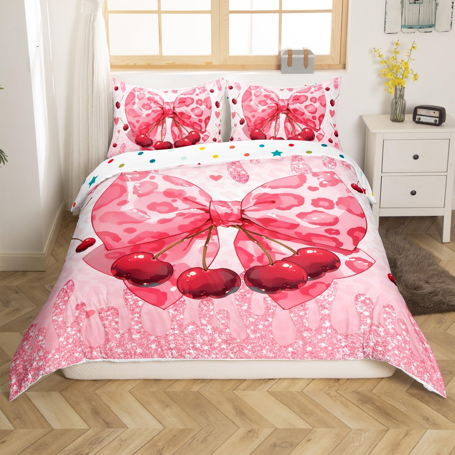 Manfei Cherry Duvet Cover Toddler Size for Kids Boys Teens,Girly Leopard Bowknot 2 Pieces Duvet Cover,Luxury Glitter Print Soft Comforter Cover (Not Comforter),Dreamy Girly Princess Quilt Cover