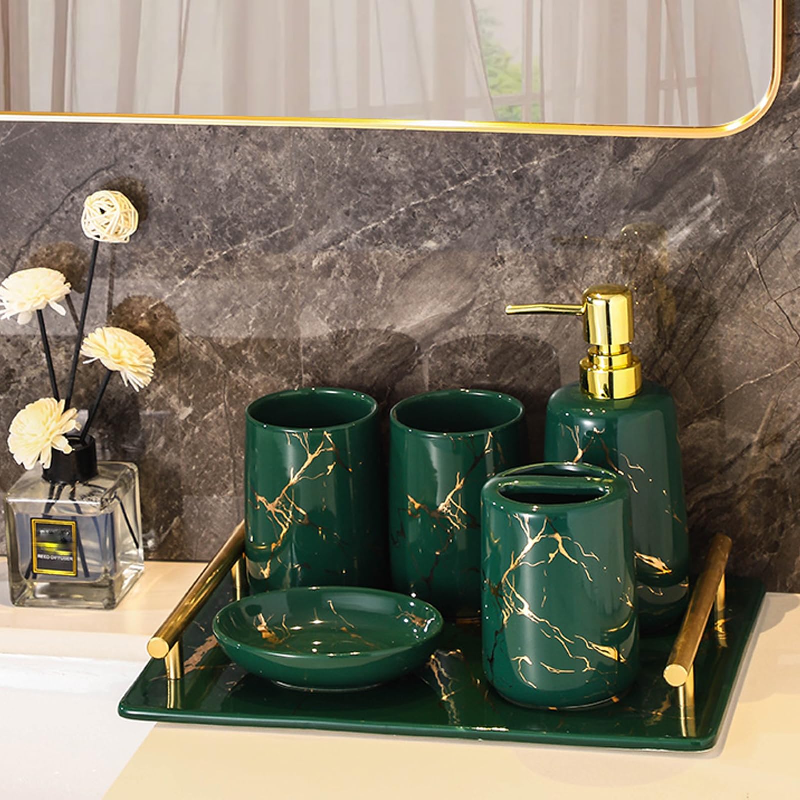 Flacon Distributeur Rechargeable pour Lotion et Savon pour Les Mains, Ensemble de gobelet en céramique avec Plateau et diffuseur d'huiles essentielles (Vert)