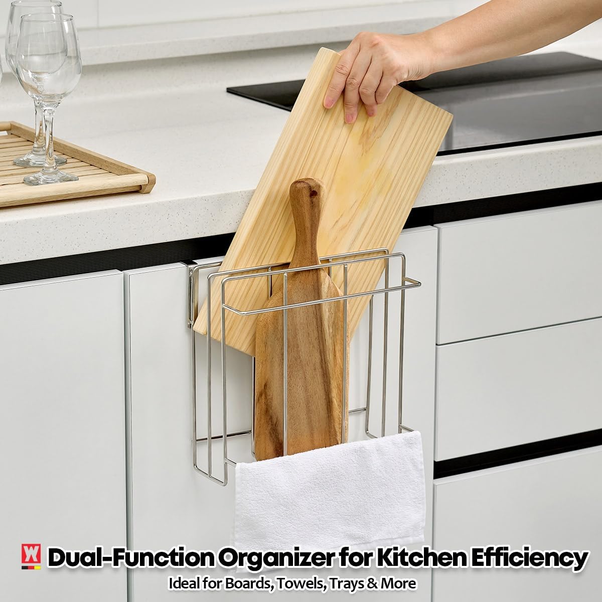 Stainless Steel Under/Over Cabinet Cutting Board and Kitchen Towel Rack – Space-Saving Rack for Countertop and Cabinet Door Storage, Chopping Board Holder (Two-Layer) - Image 2