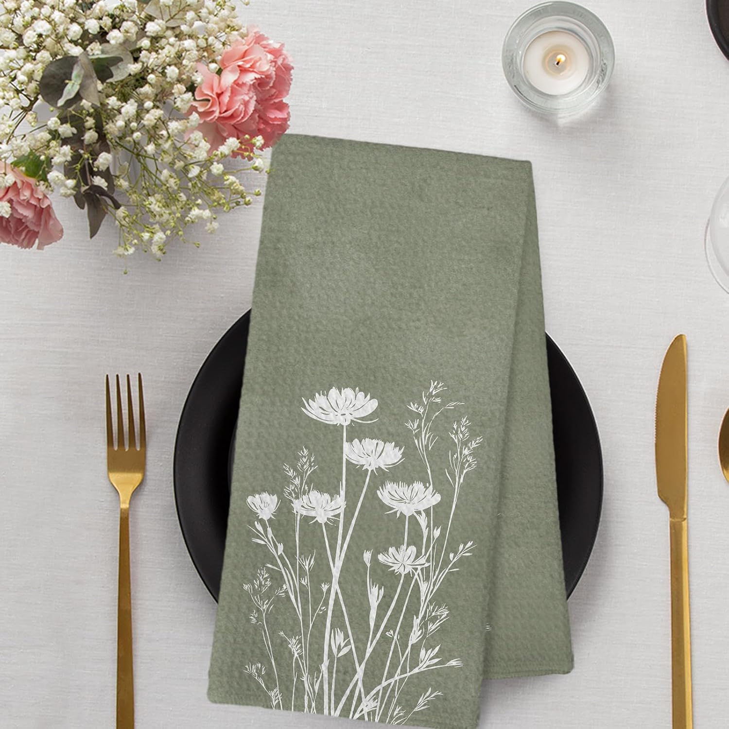 Vintage Sage Green Kitchen Towel and Dish Towel Set of 2, Farmhouse Retro Wildflower Decor Hand Towels, Spring Botanical Green Decorative Hand Dish Tea Towels for Bathroom Kitchen, 16x24 in