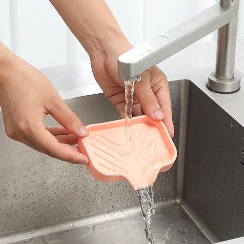 Vista 222 de Jaboneras de baño de silicona con boquilla de drenaje, organizador de fregadero de baño y cocina, soporte para esponja, bandeja de jabón para Gris