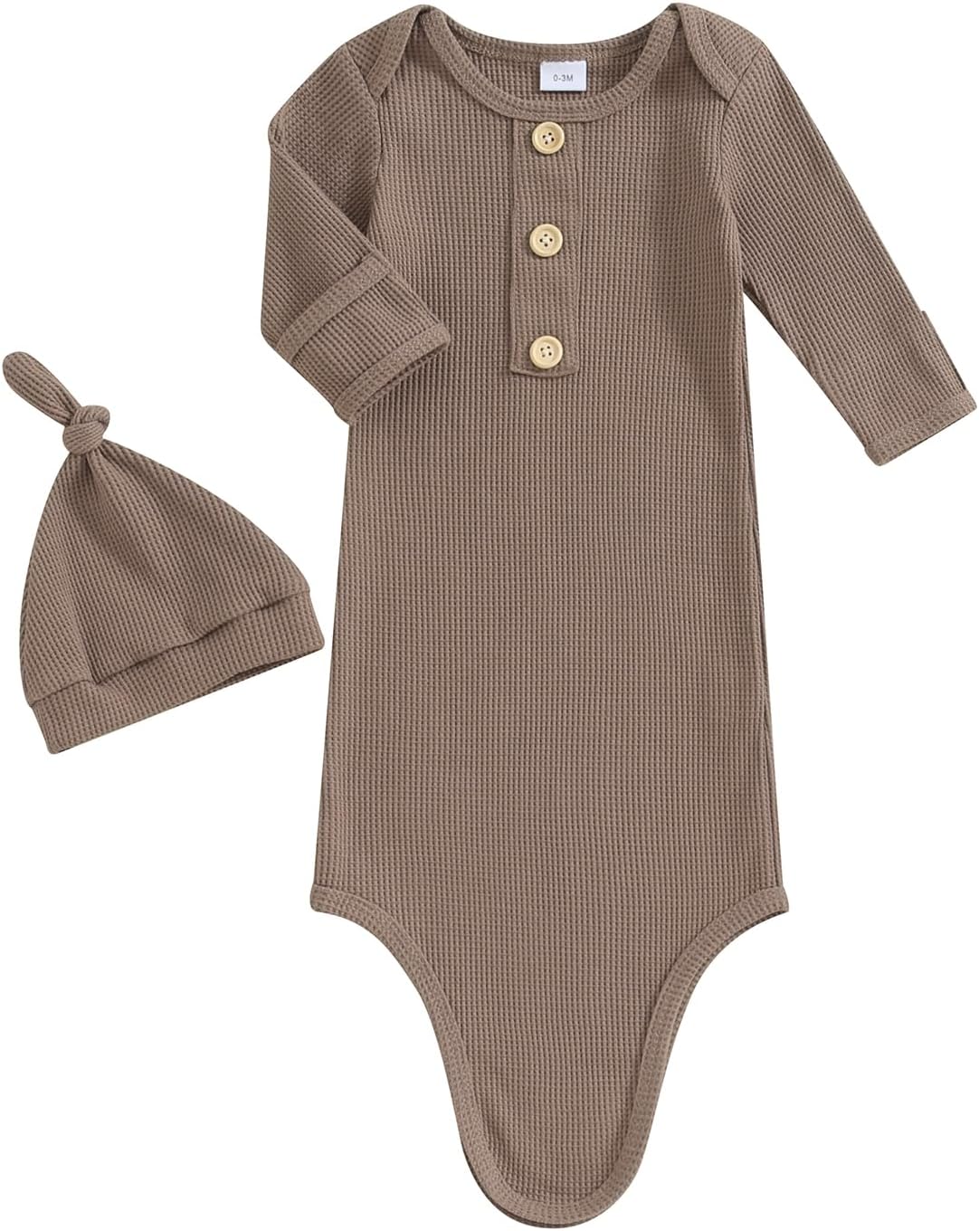 KMBANGINewborn Baby Boys Girls Knotted Gown Hat Set Long Sleeve Button Infant Sleeper Baby Sleep Gown with Mittens