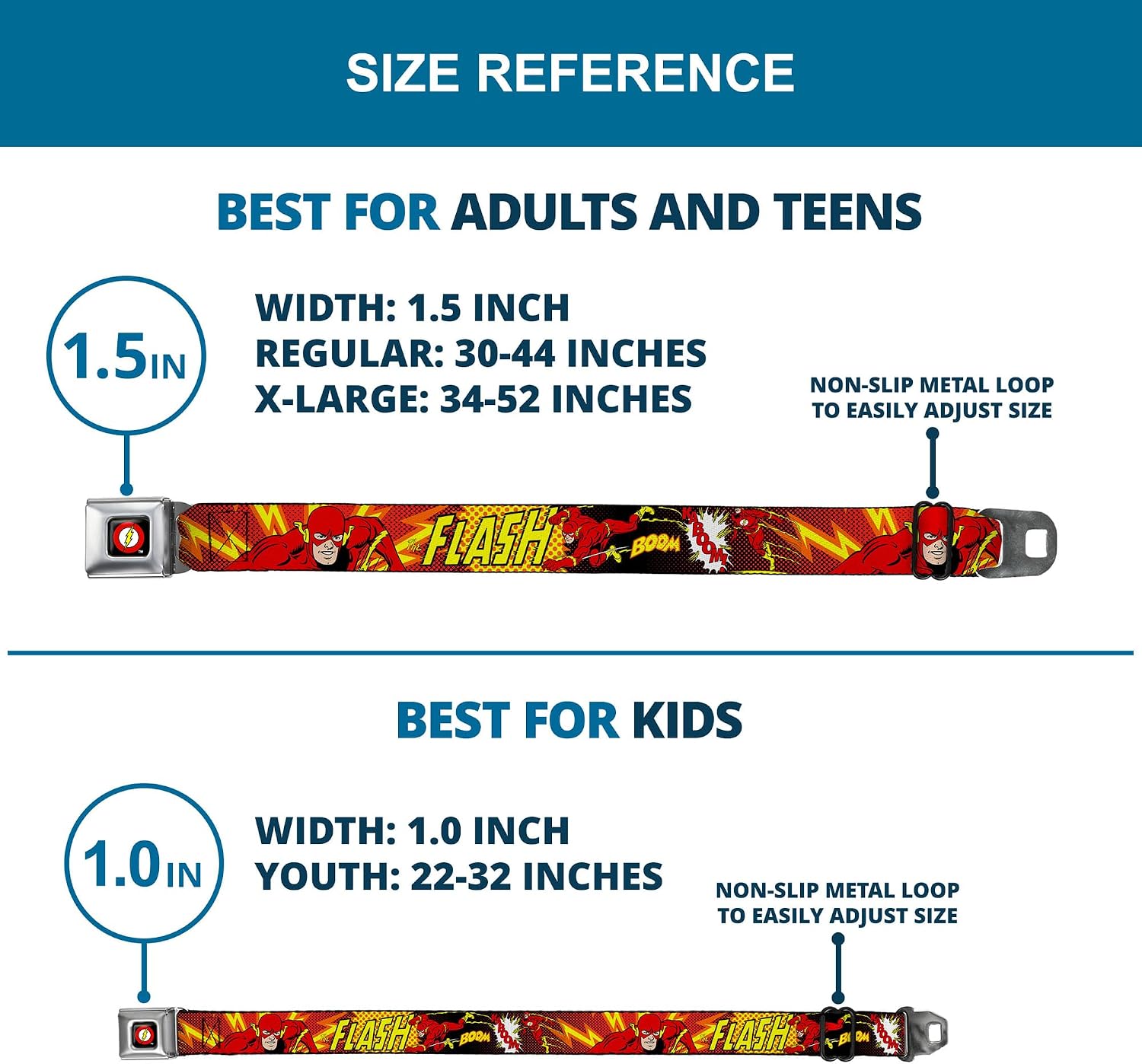 Buckle-Down Seatbelt Belt - The Flash BOOM-KABOOM! - 1.0" Wide - 20-36 Inches in Length