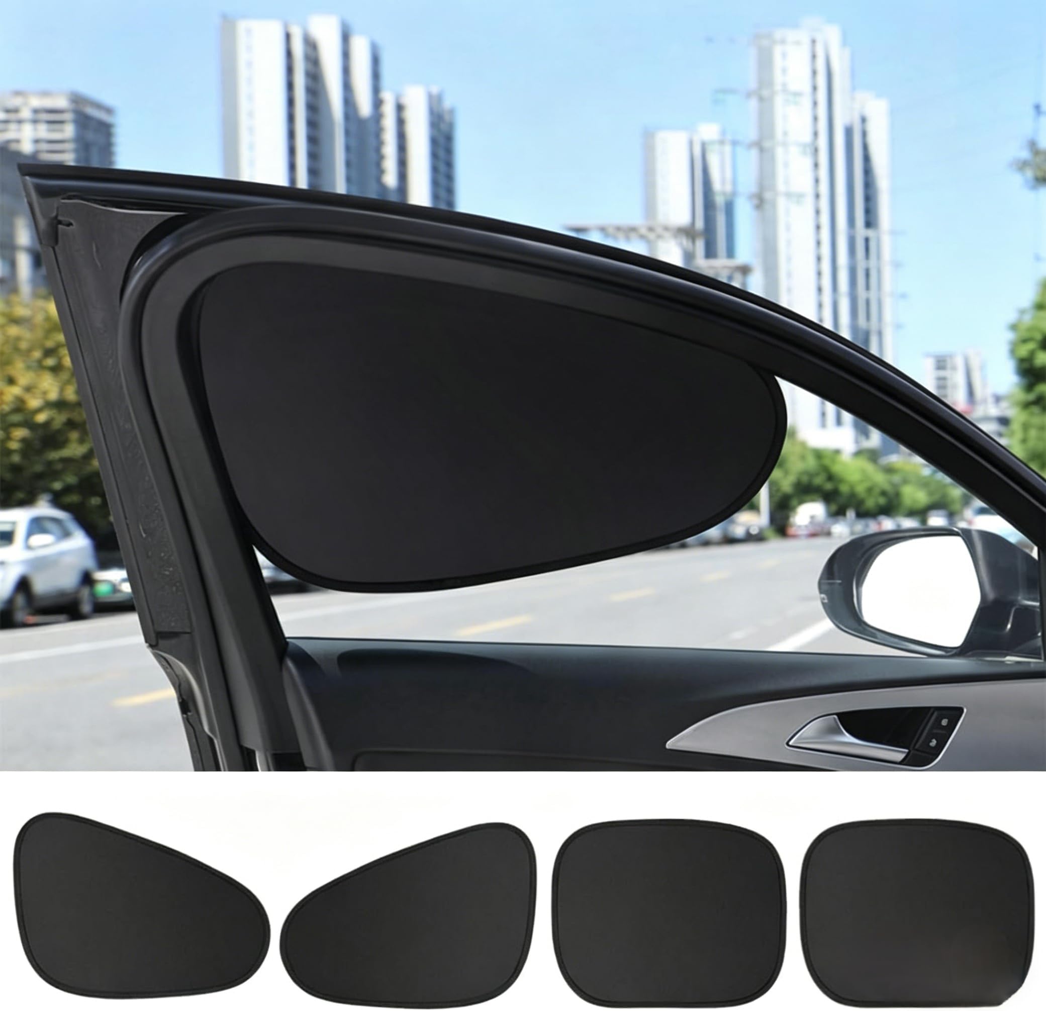 【2026新登場】4枚セット 車用サンシェード サイド UVカット 車窓日よけ カーシェード 車 日除け 紫外線カット 運転席/助手席/後部座席 折りたたみ 車内の目隠 車内温度下げ 簡単着脱 遮光 断熱 コンパクト 静電気式 収納袋付き