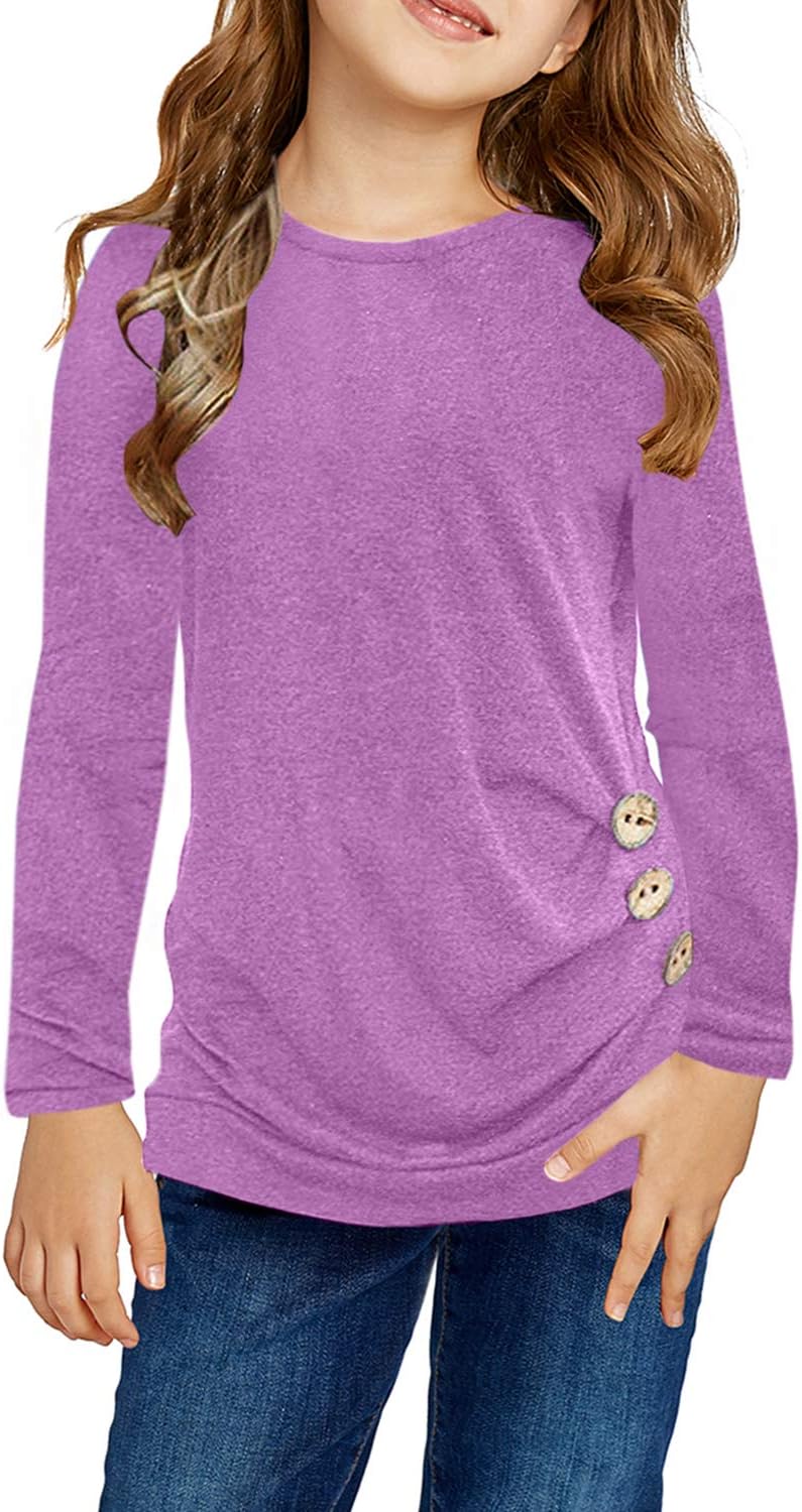 Girls Casual Long Sleeve Color Block Pullover Top Stripe Button Crewneck Loose Tunic T-Shirts Blouse Size 4-13 Year