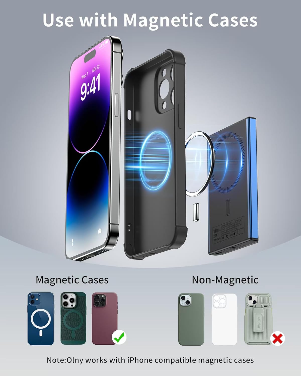 Diagram illustrating how to use the magnetic power bank with magnetic and non-magnetic phone cases.