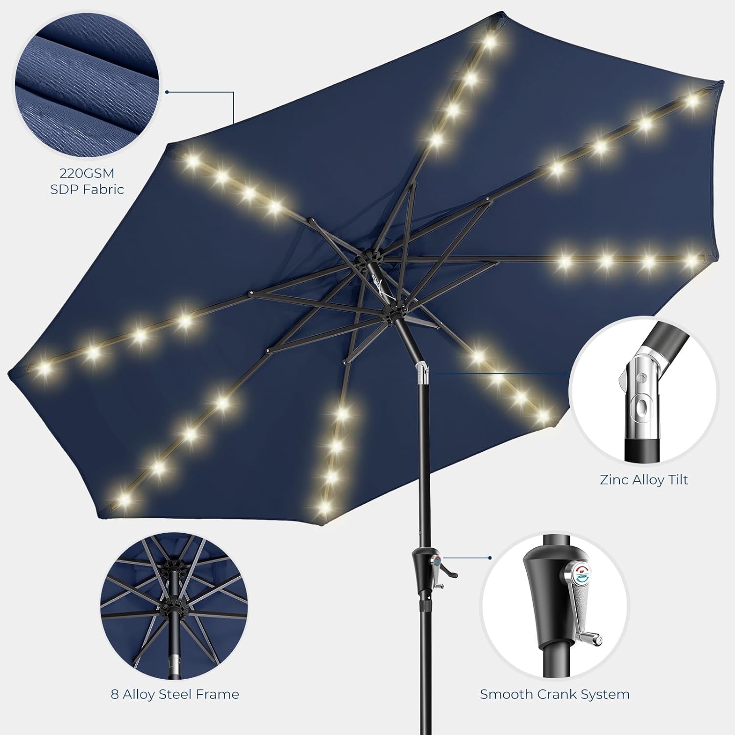 HOMSHADE 9ft Solar Patio Umbrella - Solar Lights LED Lighted Outdoor Market Table Umbrella, UPF50+ UV Protection with Push Button Tilt, Crank for Pool Deck and Garden (Navy Blue)