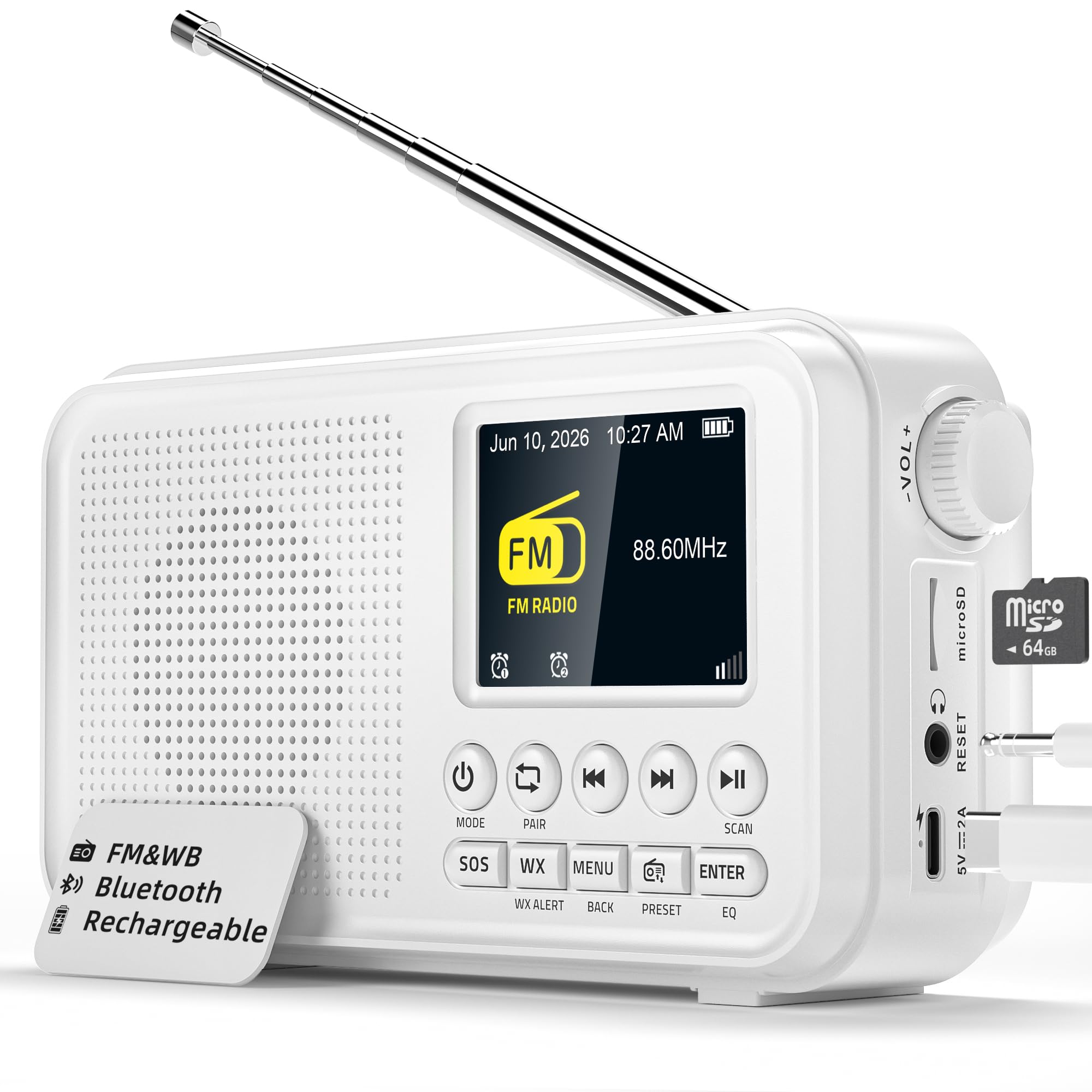 Mesqool Portable FM Radio with Bluetooth, NOAA Alert &amp; Rechargeable Battery