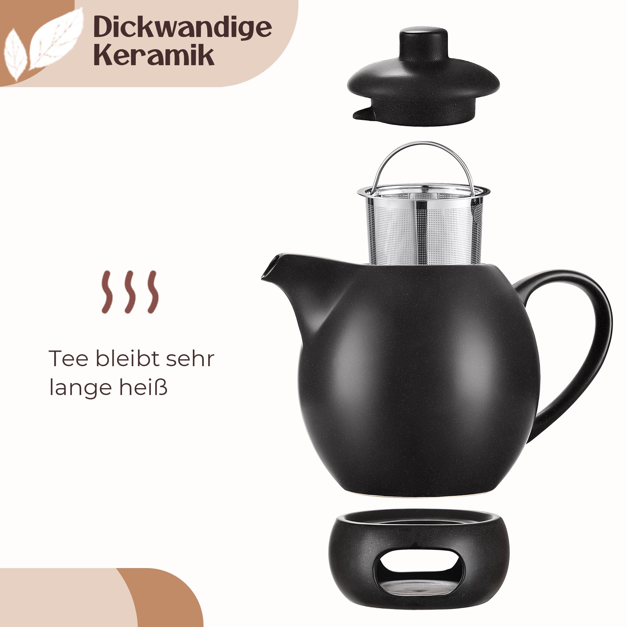 Teekanne mit Stövchen Set - 1,2 l - Teekanne mit Siebeinsatz und Stövchen - Keramik - Schwarz - Tee Zubehör - mit Kerzenwärmer
