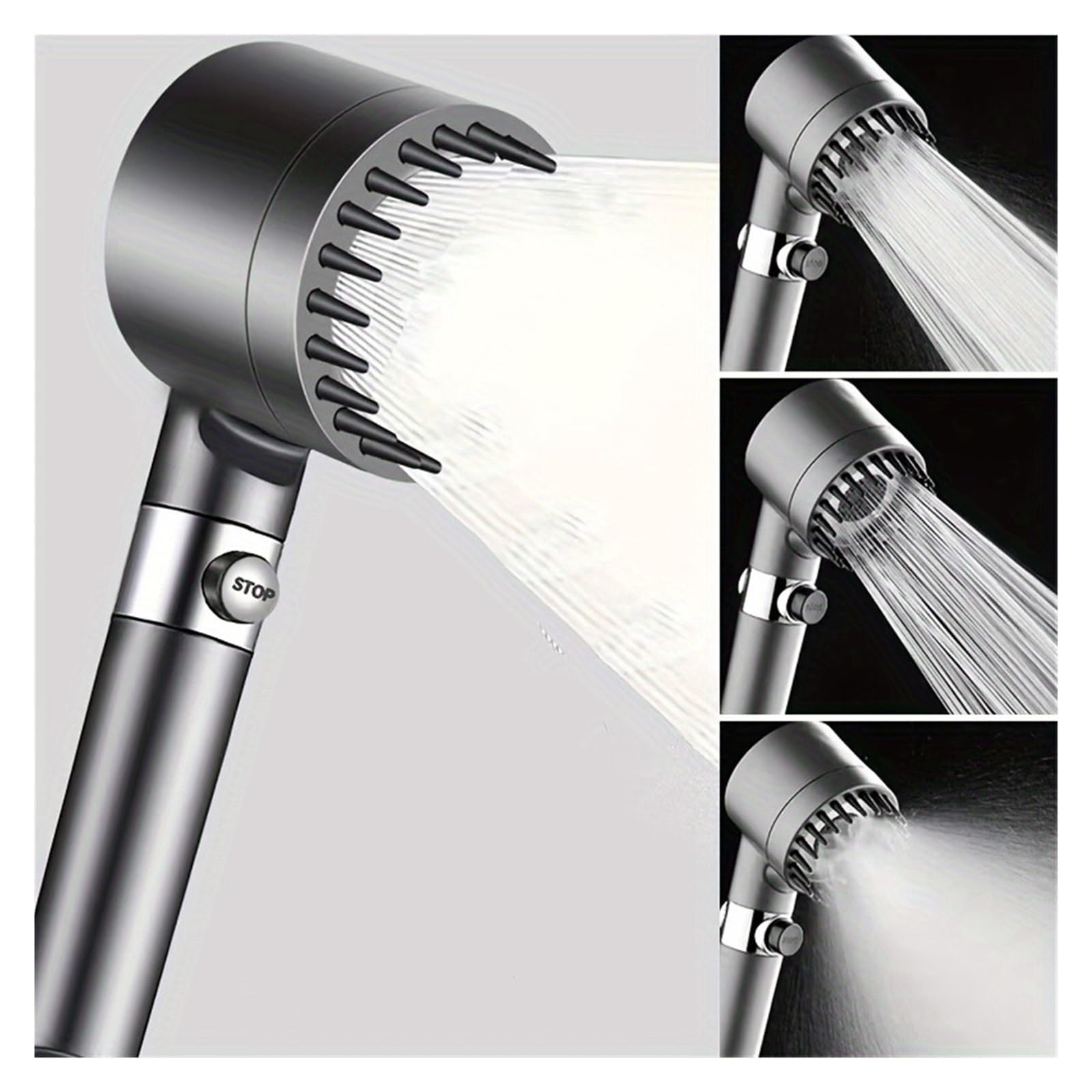 VNJUGF 1 set di soffione doccia pressurizzato, massaggio regolabile a 3 velocità, arresto con 1 clic, kit tubo flessibile di interfaccia universale wanglan(Gris)