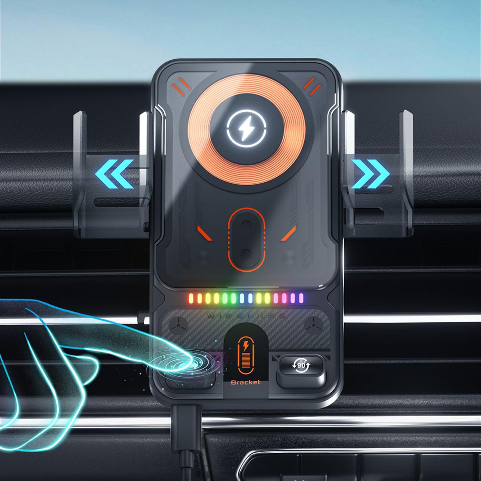 Caricabatteria per auto senza fili | Supporto per auto a ricarica rapida da 15 W - Supporto automatico a clip per auto, per controllo musicale streaming video uso quotidiano lunghe gite in famiglia