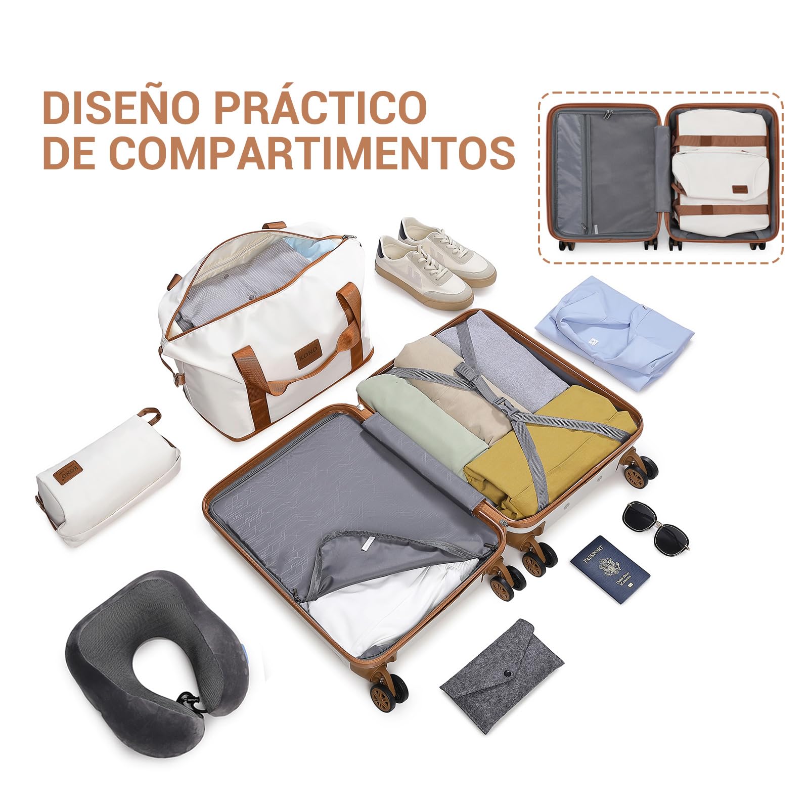 Kono Maletas de Viaje Juegos de 6 Piezas de ABS Ligero Duro Shell Trolley Case con Cerradura TSA 20" 24" 28" Maleta, 12" Estuche Cosmético, Bolsa Duffel y Neceser (Blanco con Marrón)