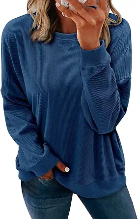 KISSMODA Womens Casual Long Sleeve Sweatshirts Color Block/Solid Tops Corduroy Crewneck Tunic Pullover with Pockets