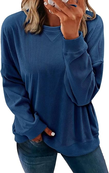 KISSMODA Womens Casual Long Sleeve Sweatshirts Color Block/Solid Tops Corduroy Crewneck Tunic Pullover with Pockets