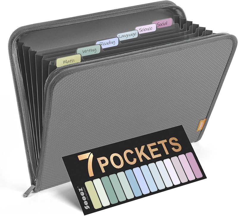 Sooez 7 Pockets Accordion File Organizer, Zipper Expanding File Folder A4 | Reinforced Plastic Accordion Folder Organizer, A4 Letter Size, Portable Folders for Documents, School Office Supplies, Grey