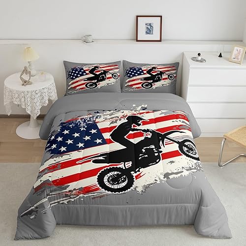 Erosebridal Juego de edredón de motocross para niños, juego de ropa de cama vintage con bandera estadounidense para adolescentes y jóvenes, edredón