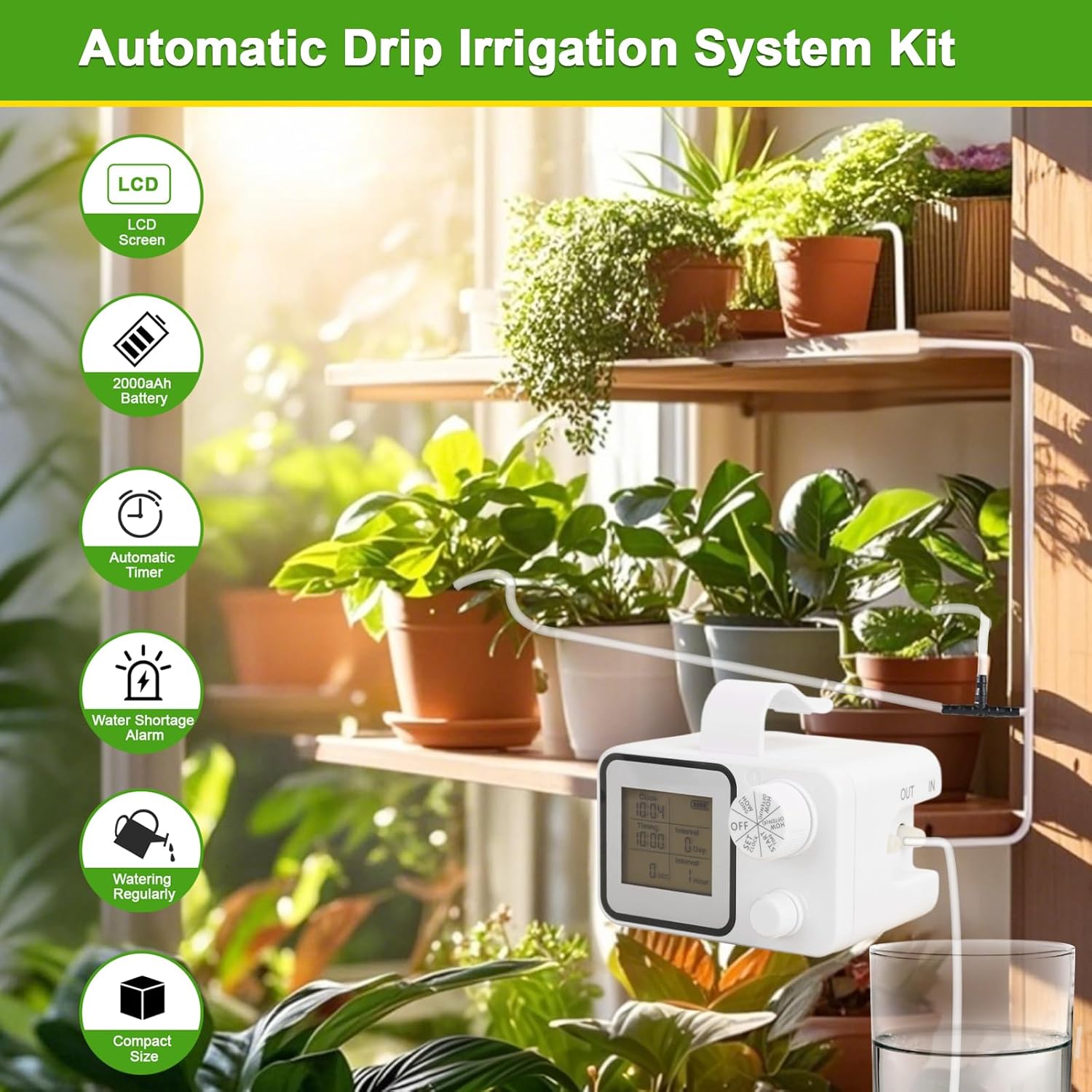 Automatic Watering System for 15 Potted Plants, Automatic Plant Waterer Indoor with Programmable LCD Display USB Powered Indoor Balcony Greenhouse Travel Helper