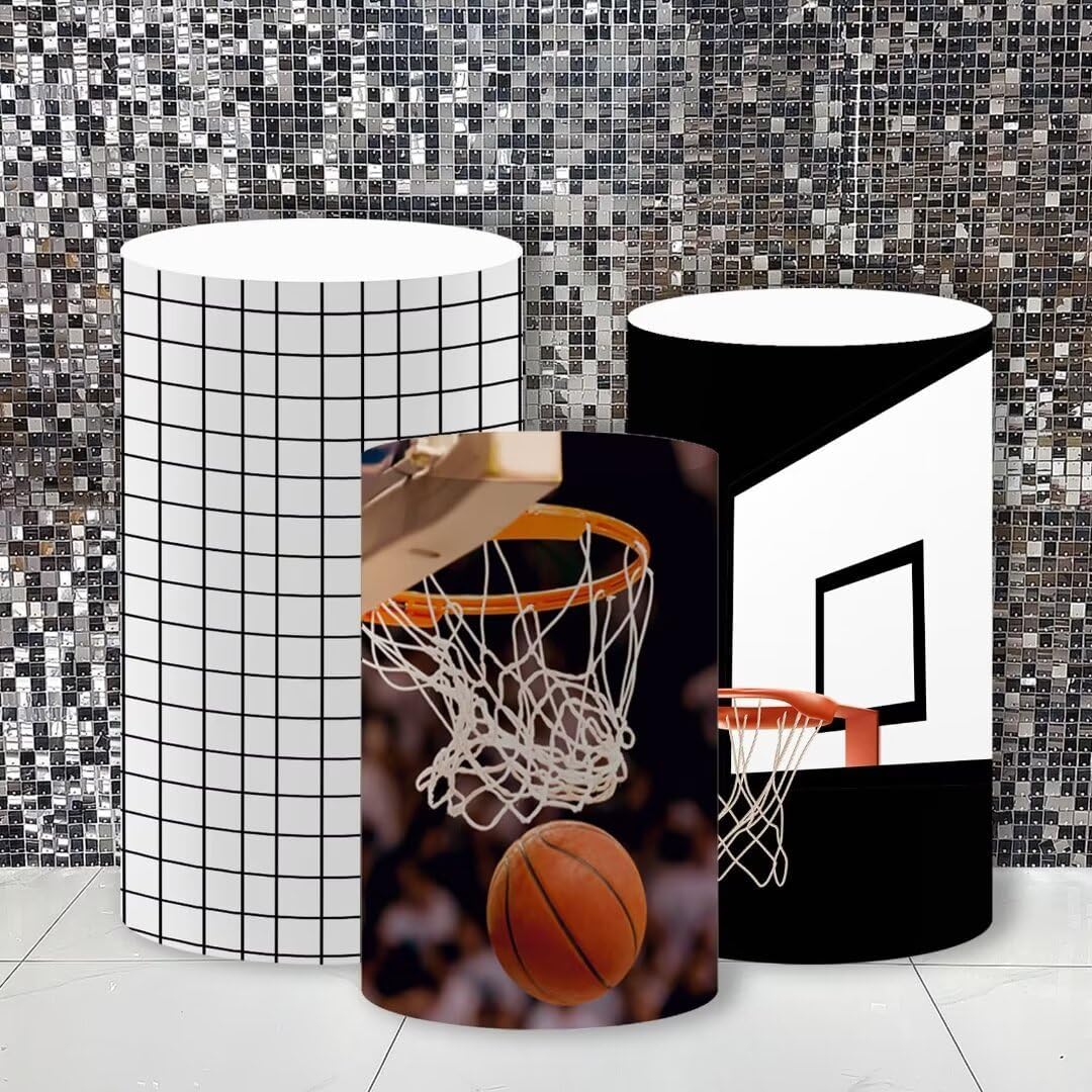 Set of 3 pcs Basketball Theme Cylinder Table Covers,Basketball Sport Pedestal Stand Cover for Birthday Party Stretchy Plinth Cove Baby Shower Cake Desserts Tablecloth Decoration Props