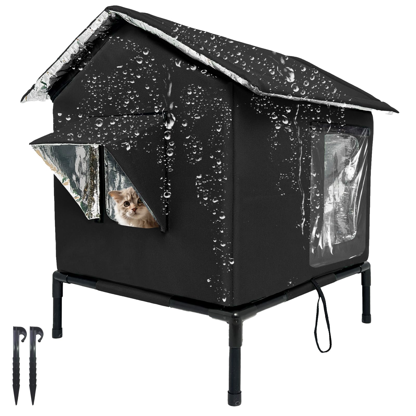 Outdoor Cat House Weatherproof with Aluminum Film Insulation, Large Feral Cat Shelter for Winter, Collapsible with Door, Easy to Assemble (Black)