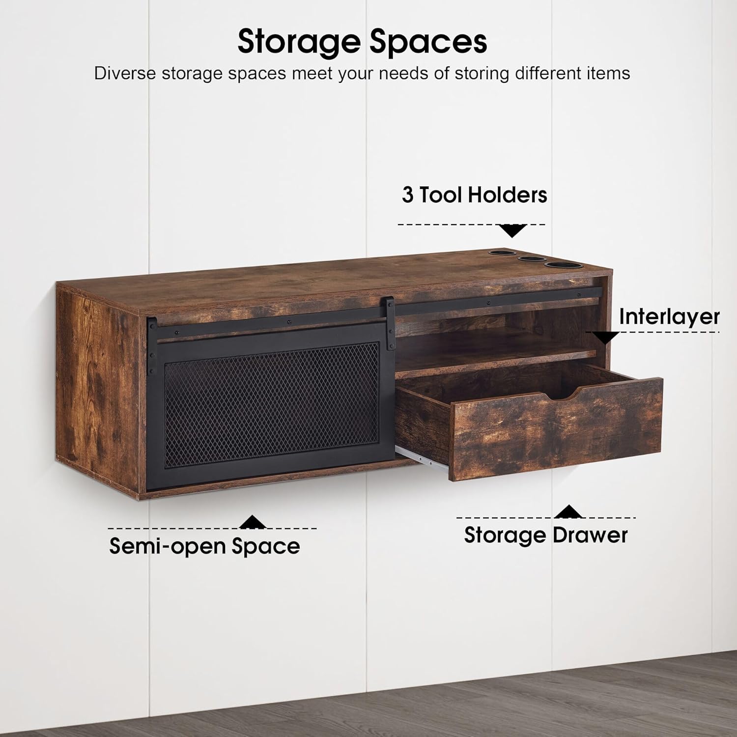 BarberPub Wall Mount Station with 3 Metal Tool Holders, Multi-Functional Storage Cabinet, Styling Station with Sliding Door, Open Storage Beauty Salon Organizer 2503 (Rust Brown)