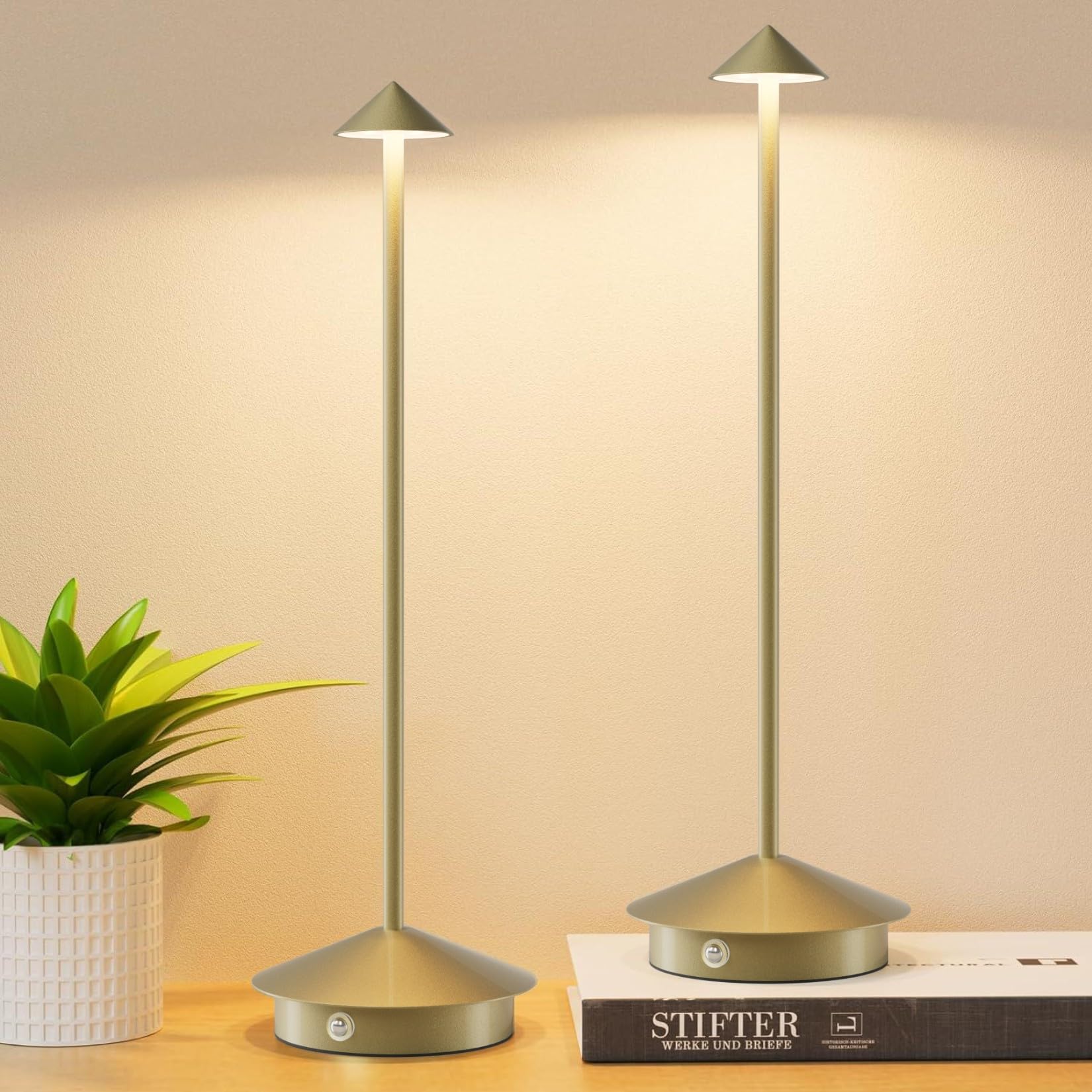 Aoceley 2-Pack 6000mAh Rechargeable Led Table Lamps,Outdoor Cordless Table Lamp Waterproof Portable, 3-Color Stepless Dimmable Modern Lamp for Restaurant/Bedroom(Matte Gold) โ image 1