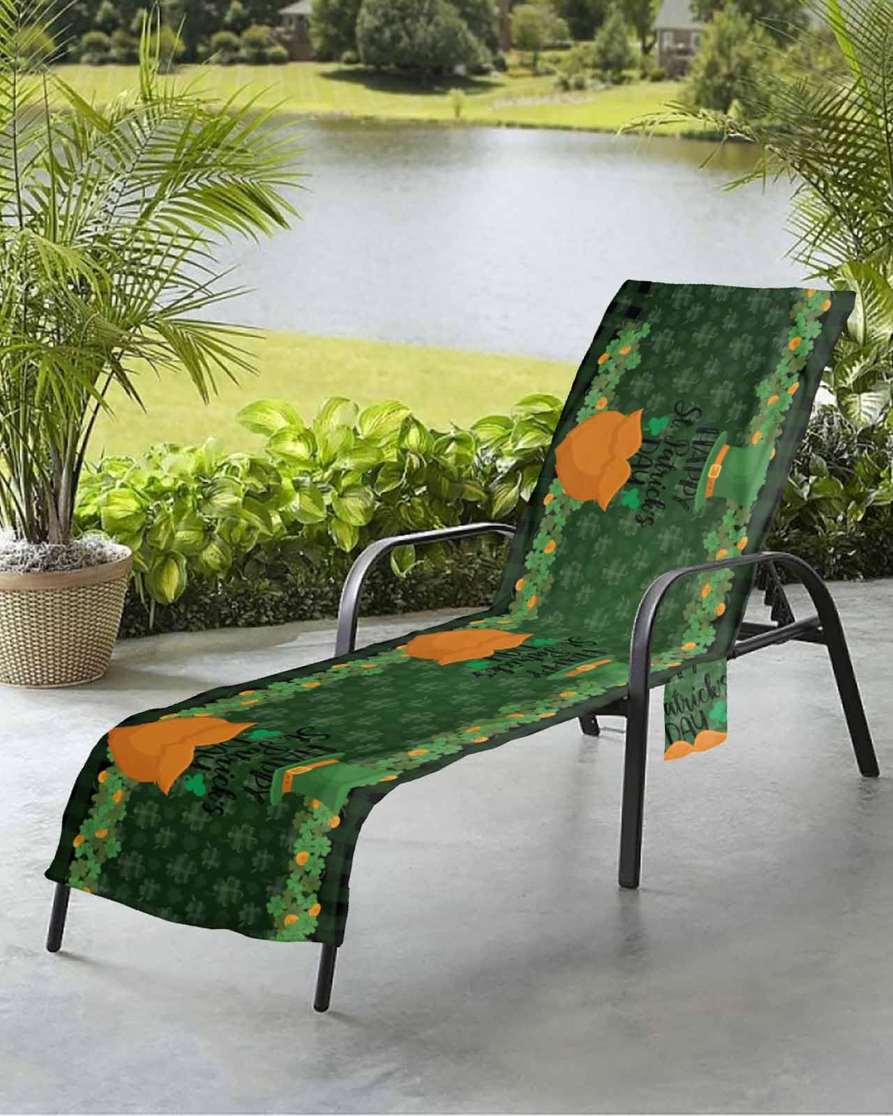 St. Patrick's Day Beach Chair Towel Covers for Chaise Lounge with Side Pocket, Soft Plush Pool Towels Cover for Patio Sunbathing Outdoor 29''x85'' Gold Spring Green Buffalo Plaid Holiday