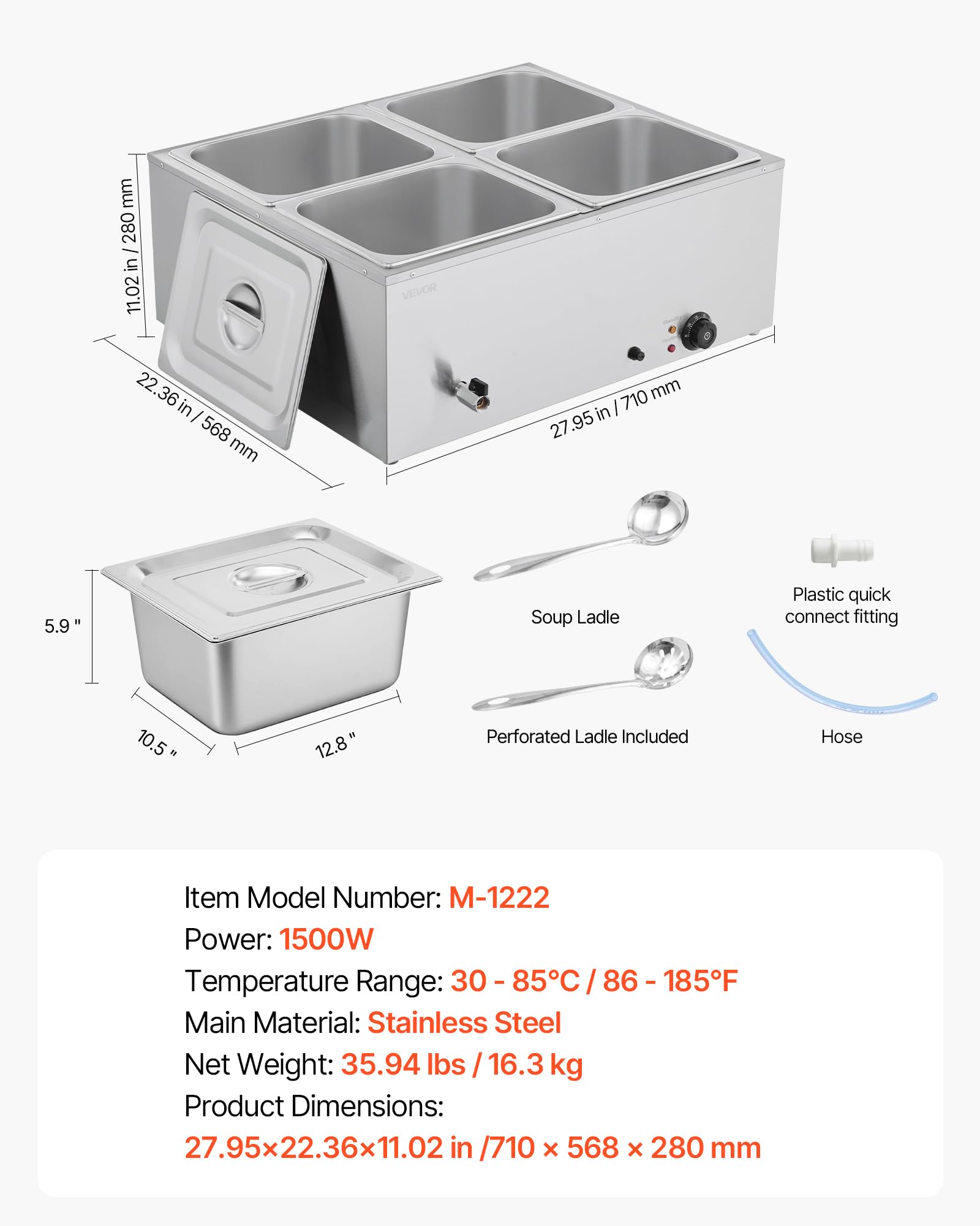 VEVOR Calentador de Alimentos 1500 W, Eléctrico, Acero Inoxidable, con Vapor y Tapa, a 4 Bandejas de Calentamiento Rápido, a Buffet de Encimera, Baño María con Cucharones para Sopa y Perforados